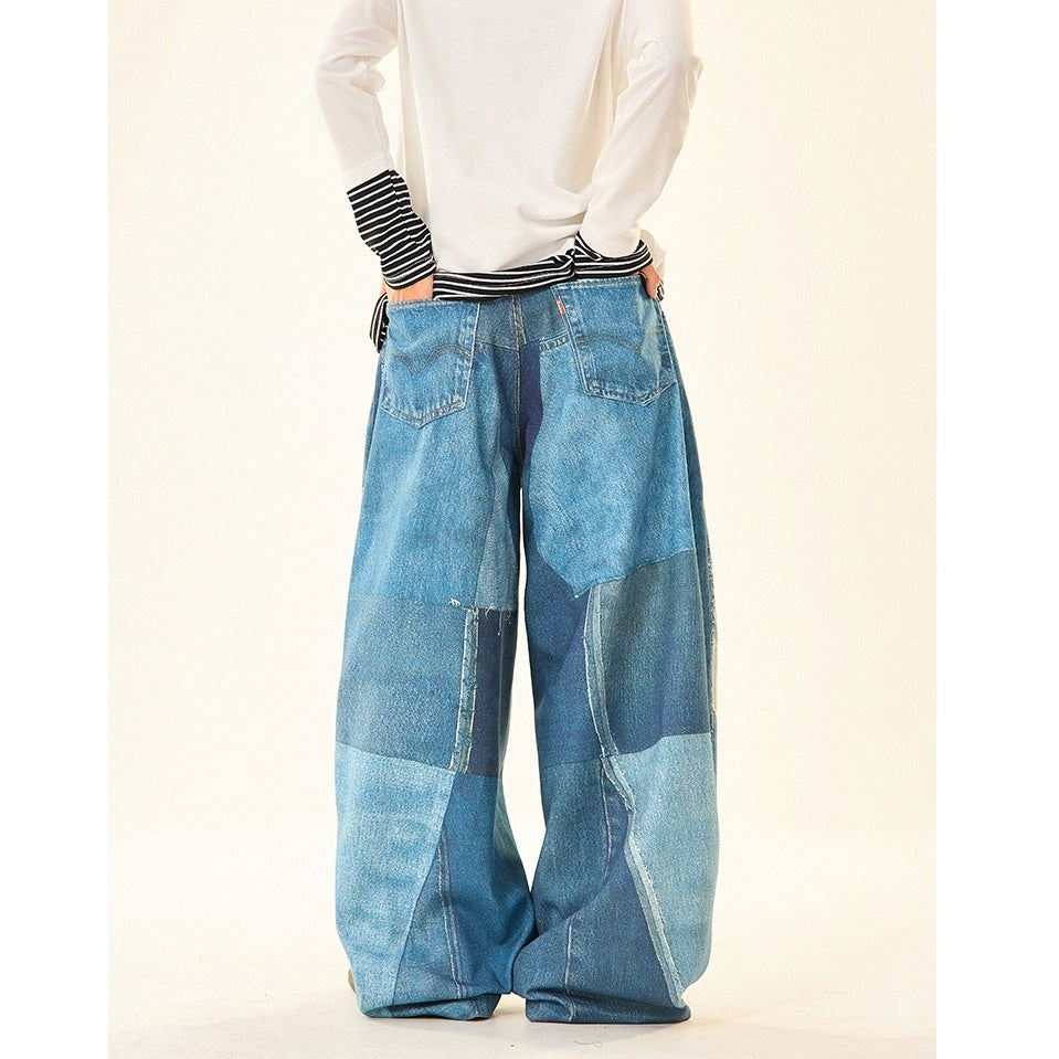 Patch Stitched Print Loose Straight Jeans MW9529