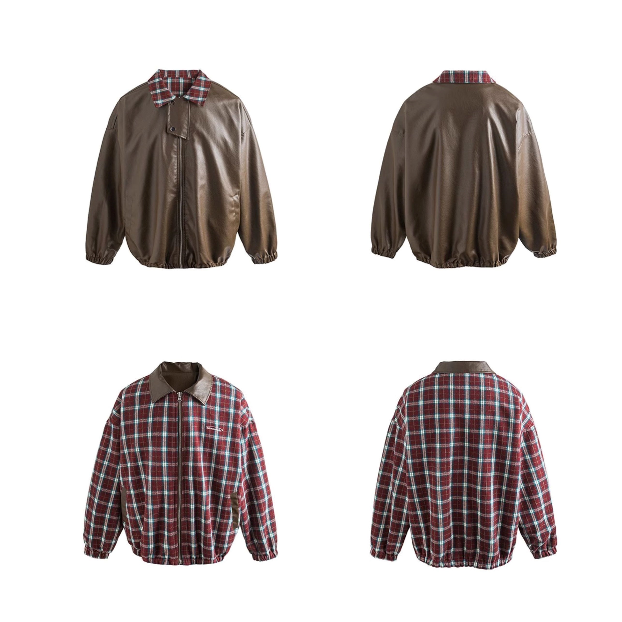 Reversible Contrast Plaid Leather Jacket MW9416