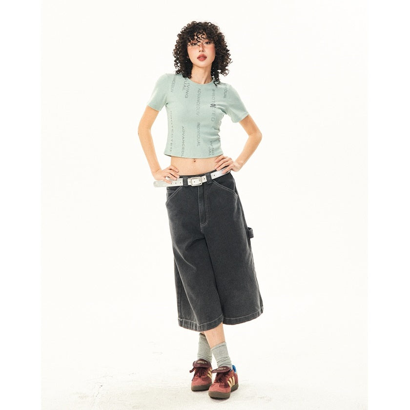 Washed Denim Stitch Design Cropped Pants YS7012