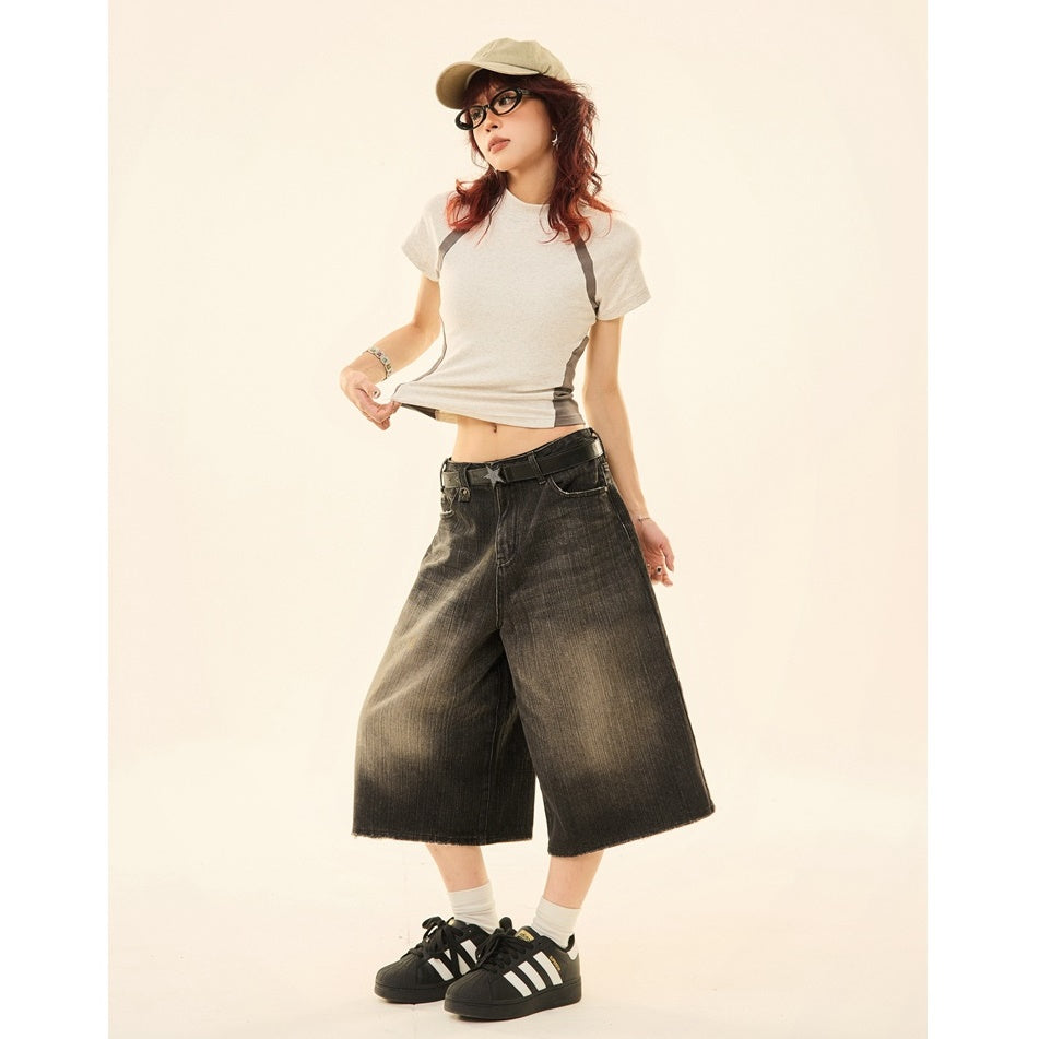 Vintage Wash Distressed Denim Wide-leg Cropped Pants MW9267