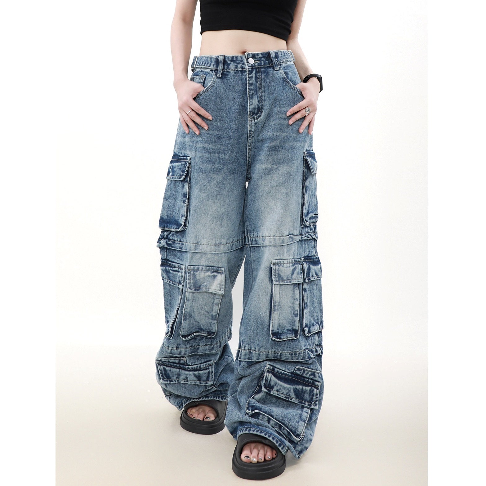 Washed Multi-pocket Baggy Jeans MR8011