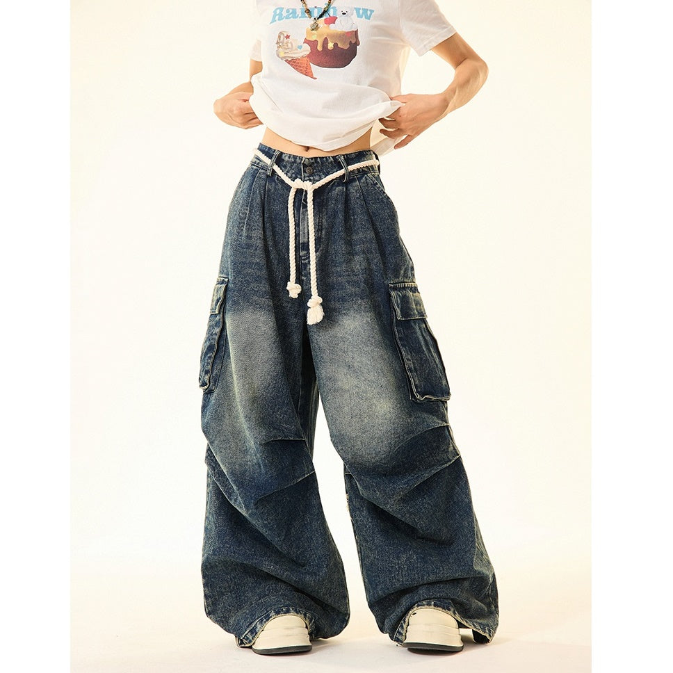 Washed Cargo Wide-leg Work Jeans MW9427