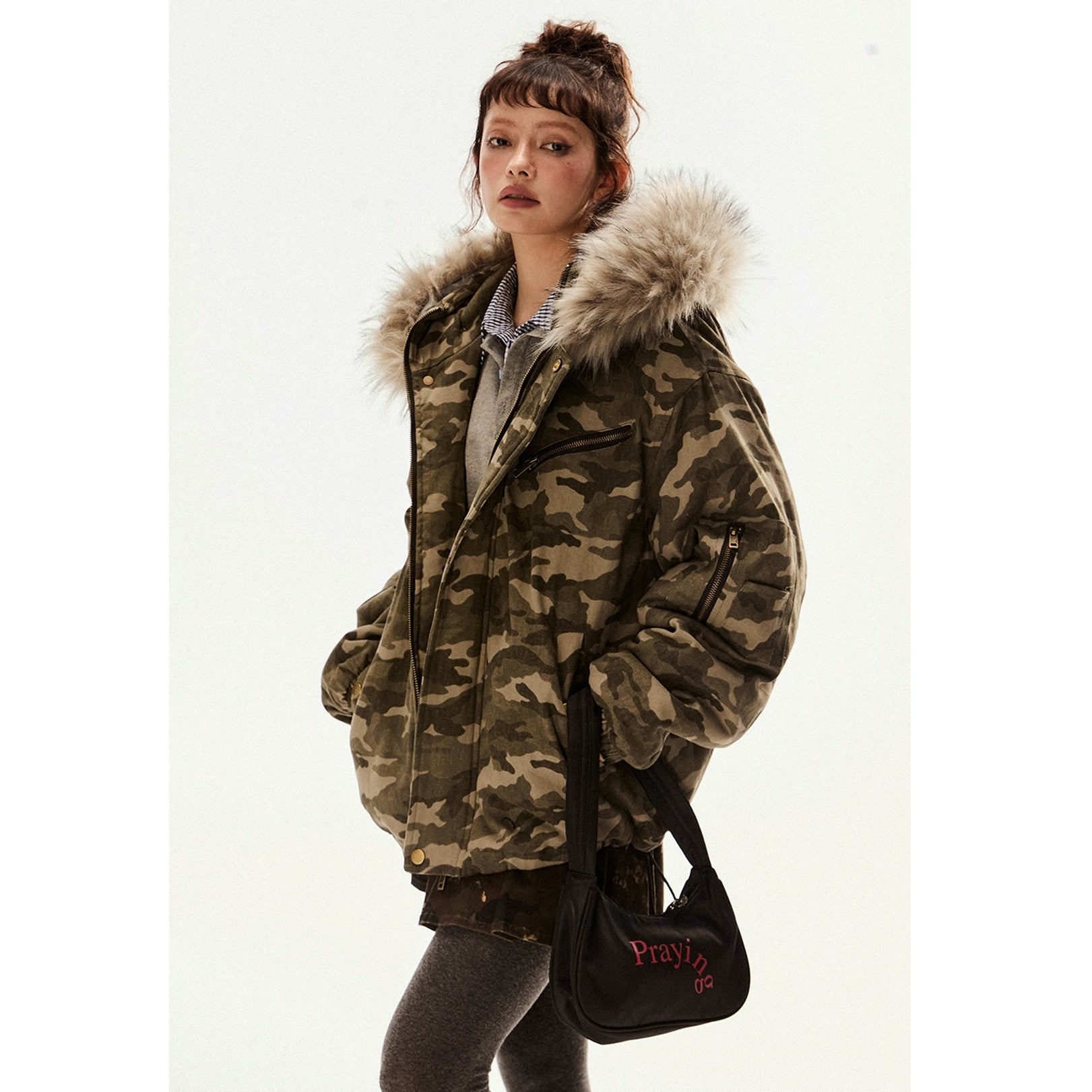 Military Style Camouflage Fur Collar Hooded Jacket EZ205