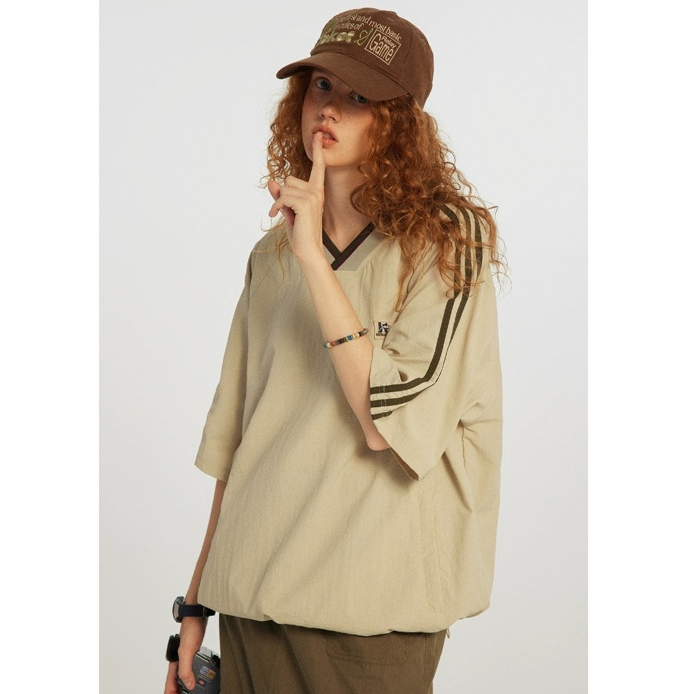 Vintage V-neck Webbing Drawstring Loose T-shirt NJ1006