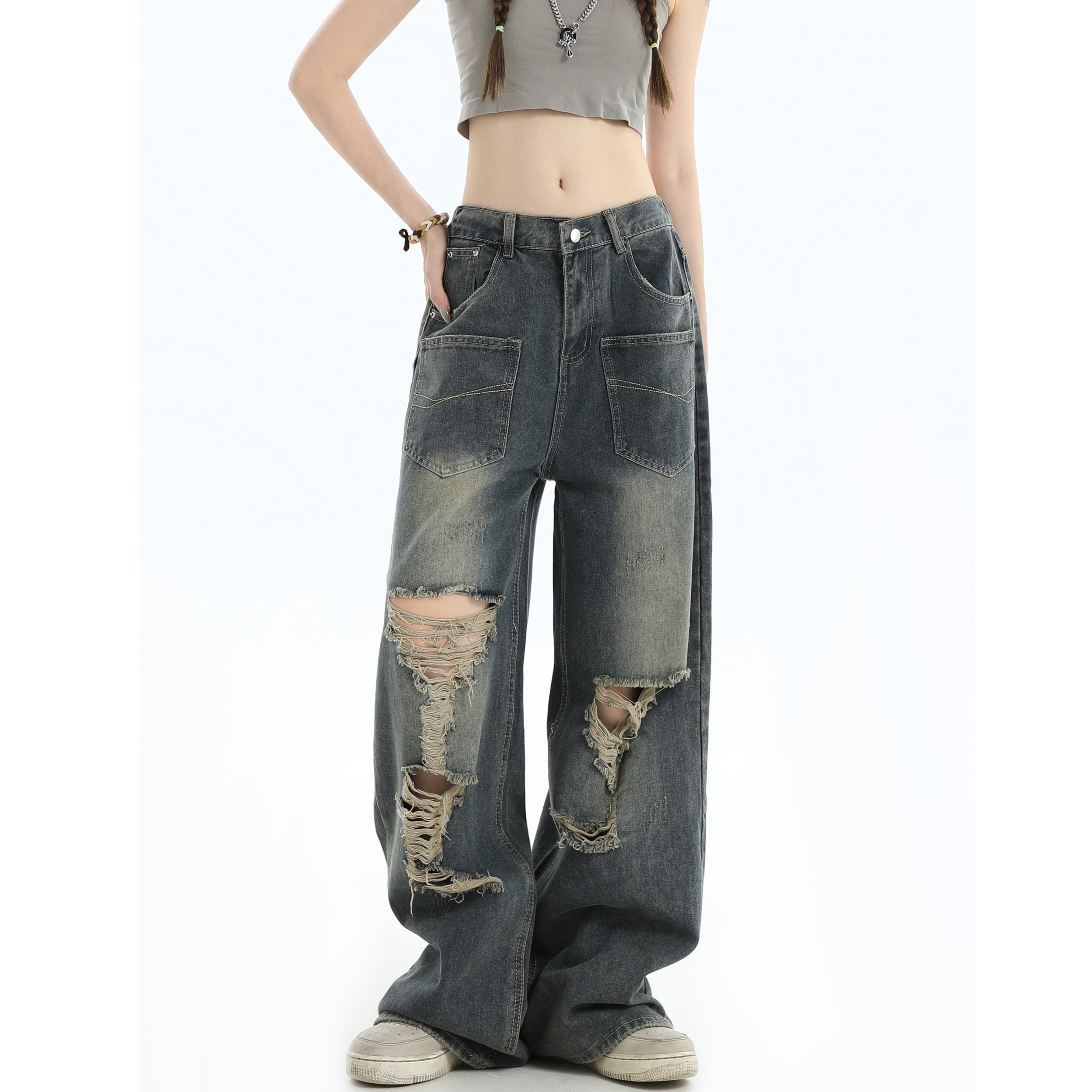 Gradient Ripped Wash Front Pocket Loose Jeans MW9361