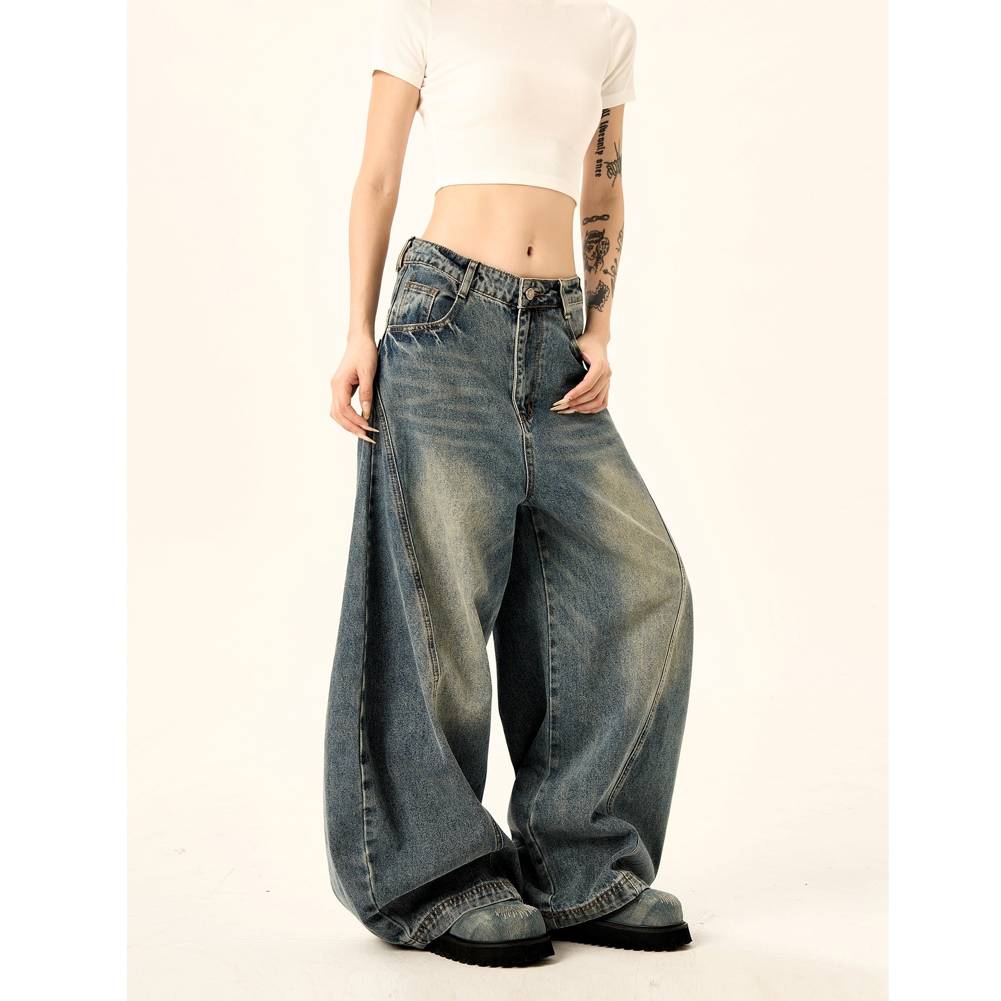 Balloon Wide-leg Switching Wash Jeans HG7125