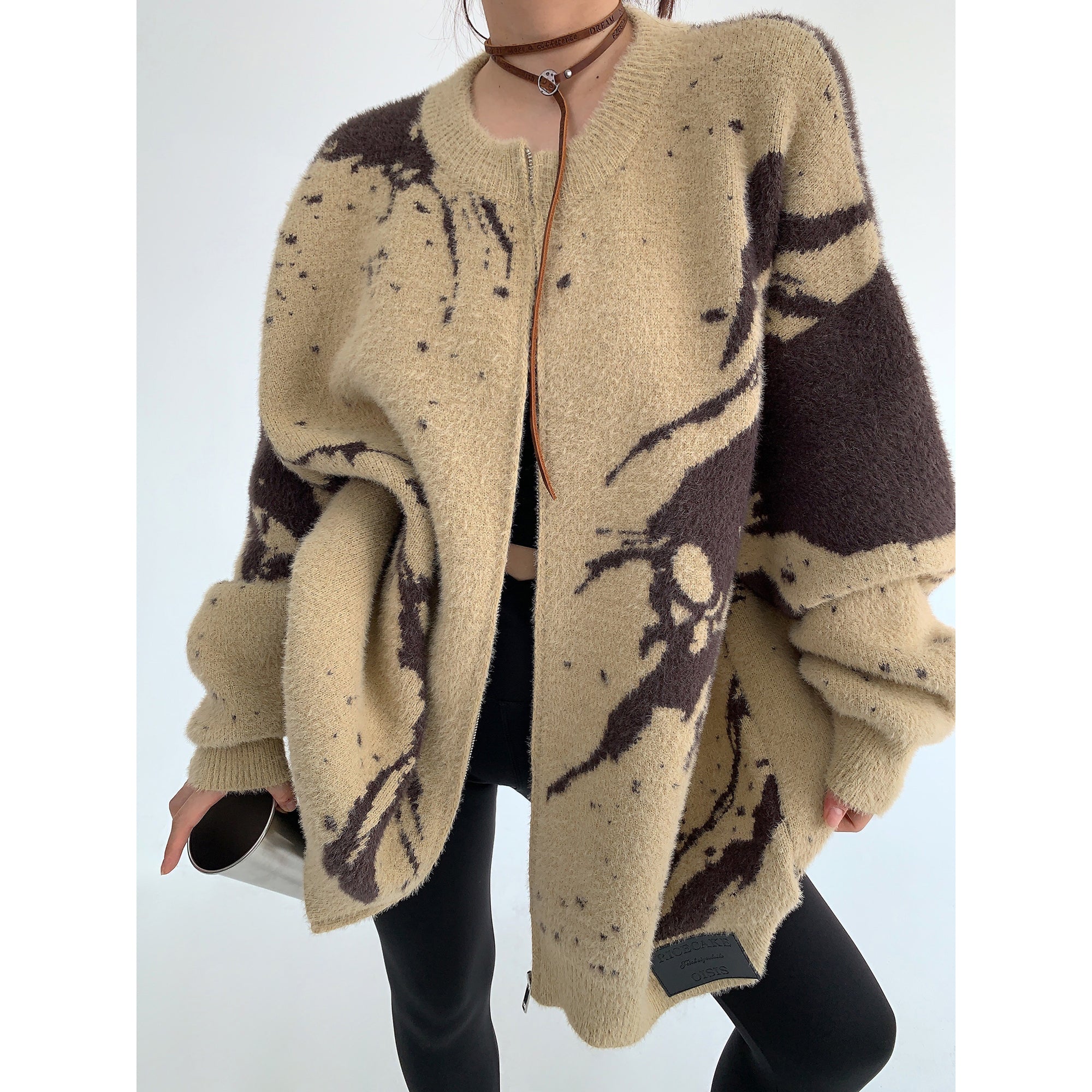 Round Neck Marble Design Loose Knitted Jacket MW9509