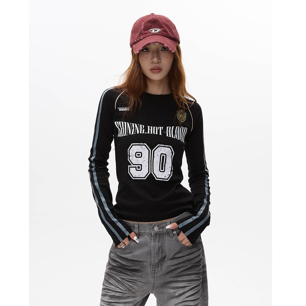 Letter Print Long Sleeve Line Slim T-shirt MW9279