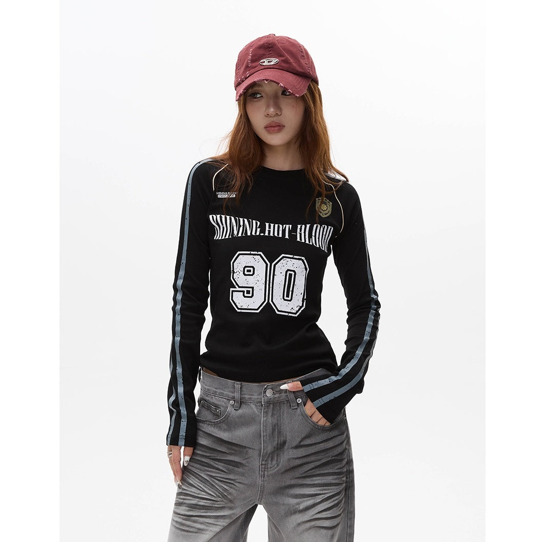 Letter Print Long Sleeve Line Slim T-shirt MW9279