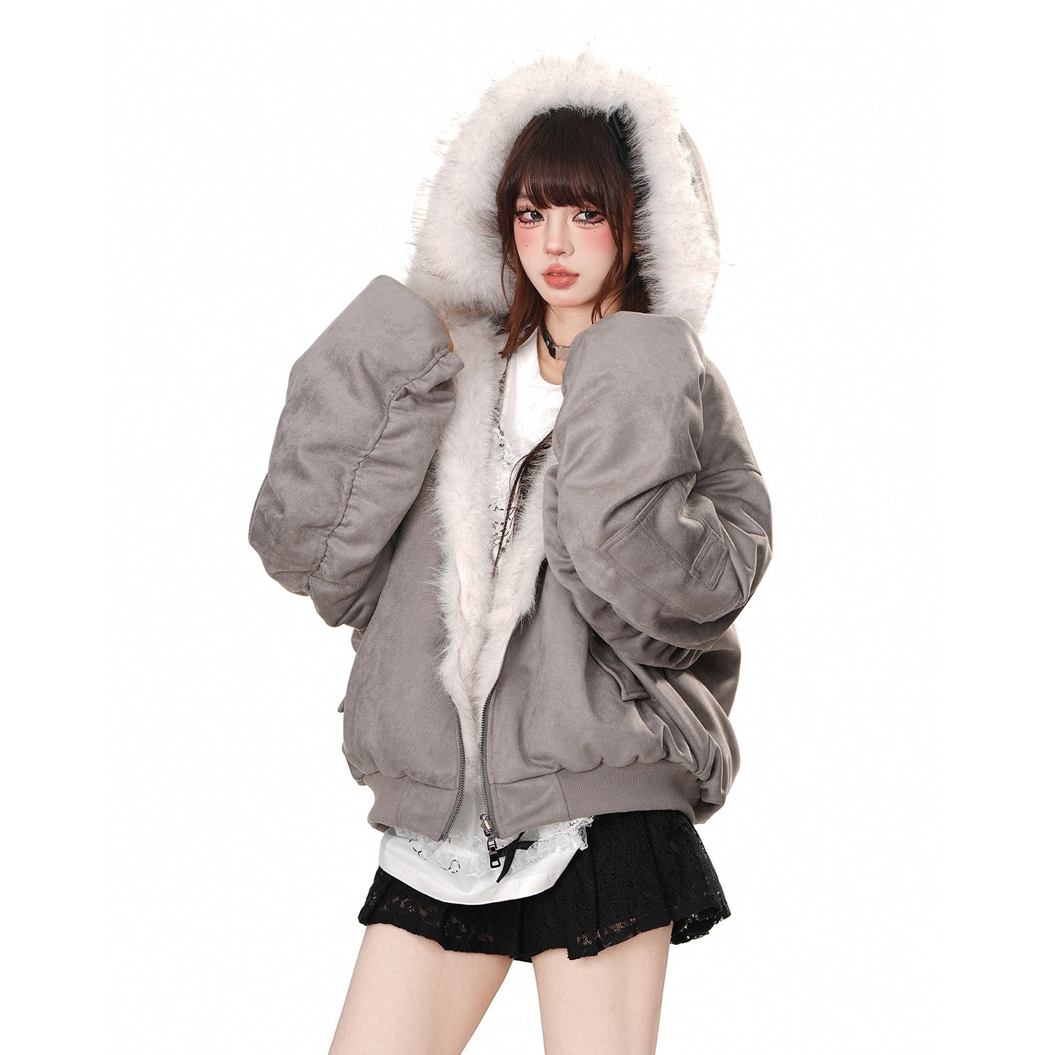 Hooded Reversible Plush Jacket KK2022