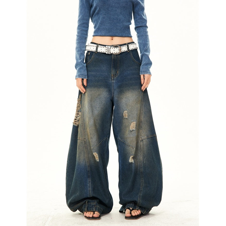 Retro Washed Ripped Stitch Design Loose Jeans YS7007