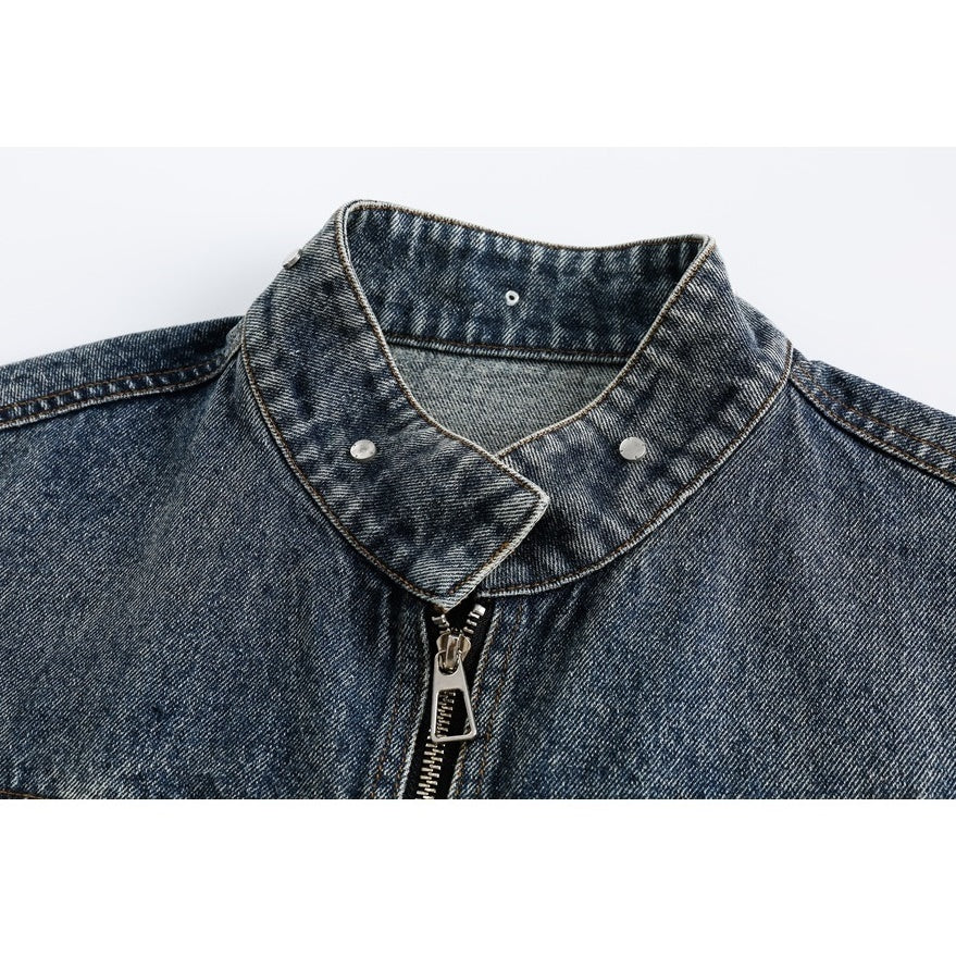 Stand Collar Vintage Wash Biker Denim Jacket SP7004