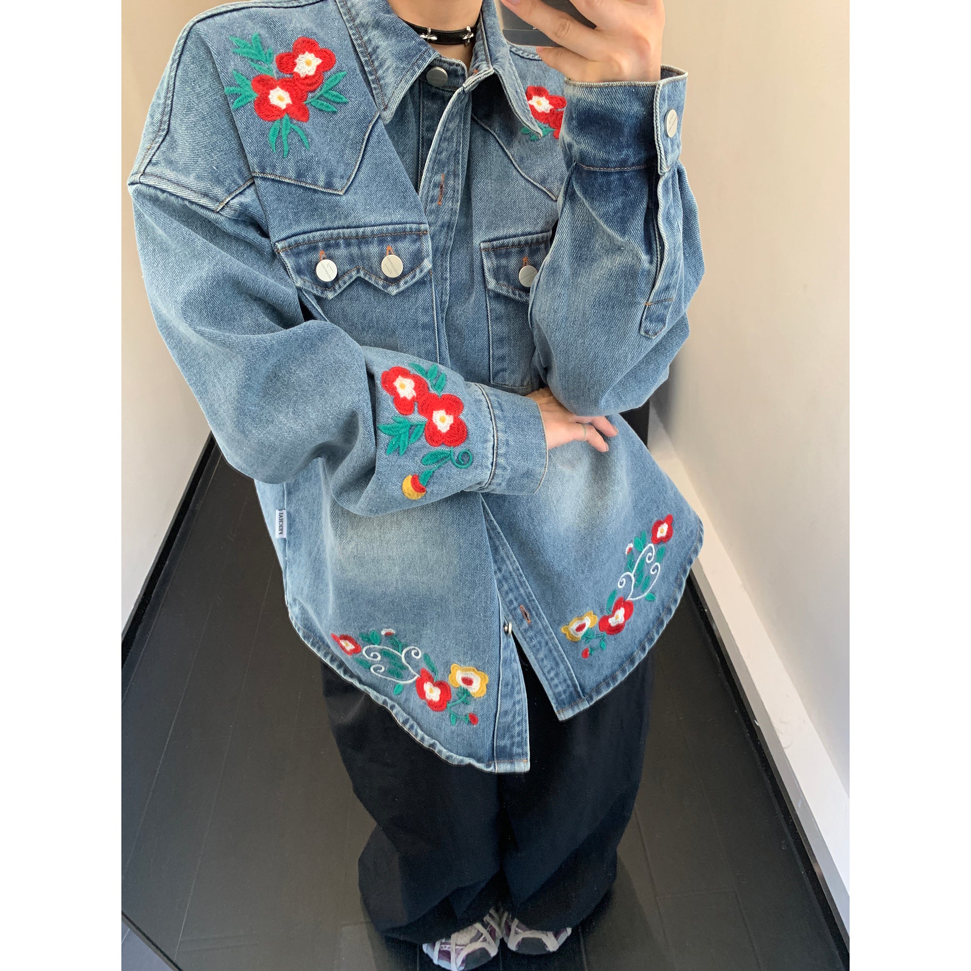 Flower Embroidered Denim Shirt Jacket MW9850