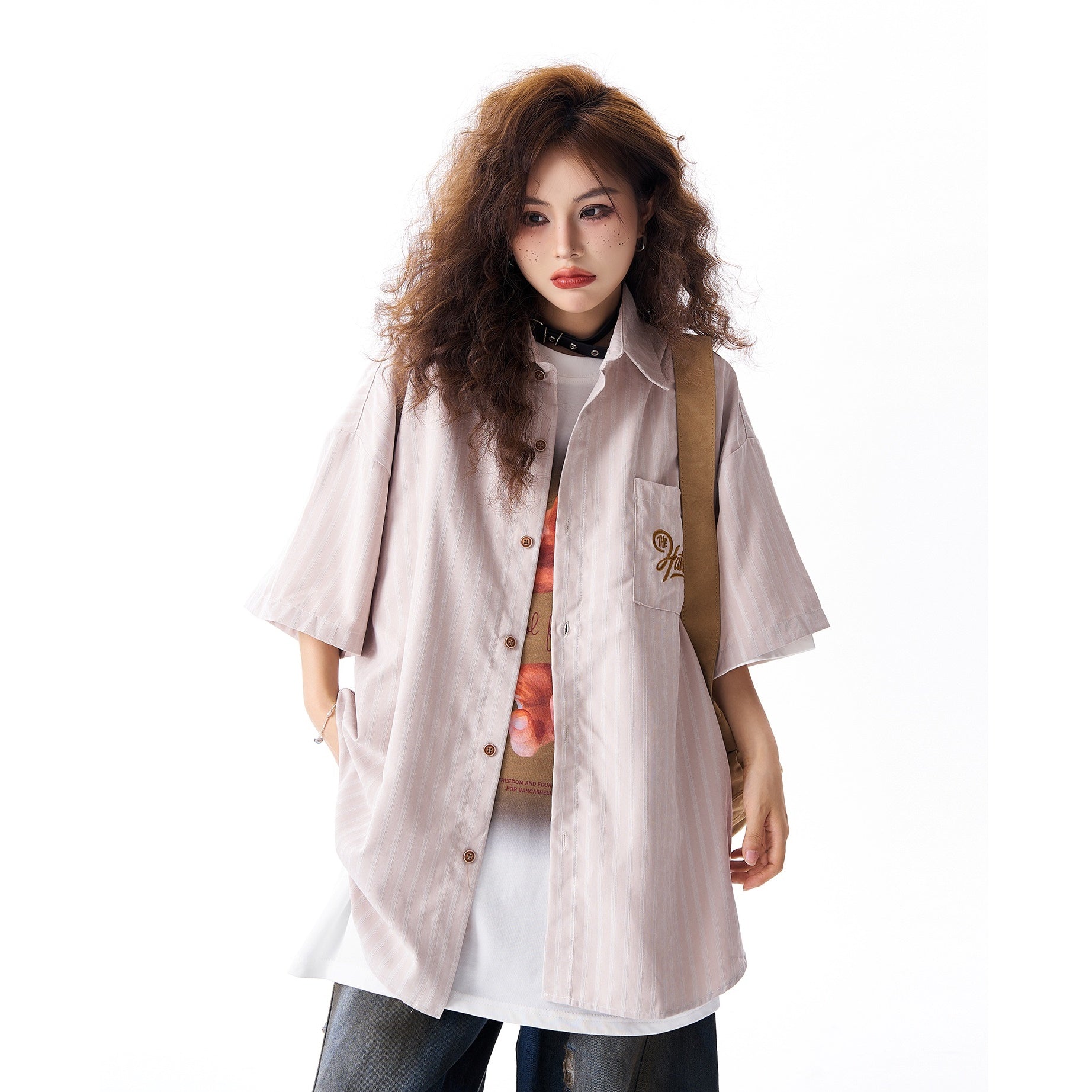 Embroidery Striped Short Sleeve Loose Shirt HG7163