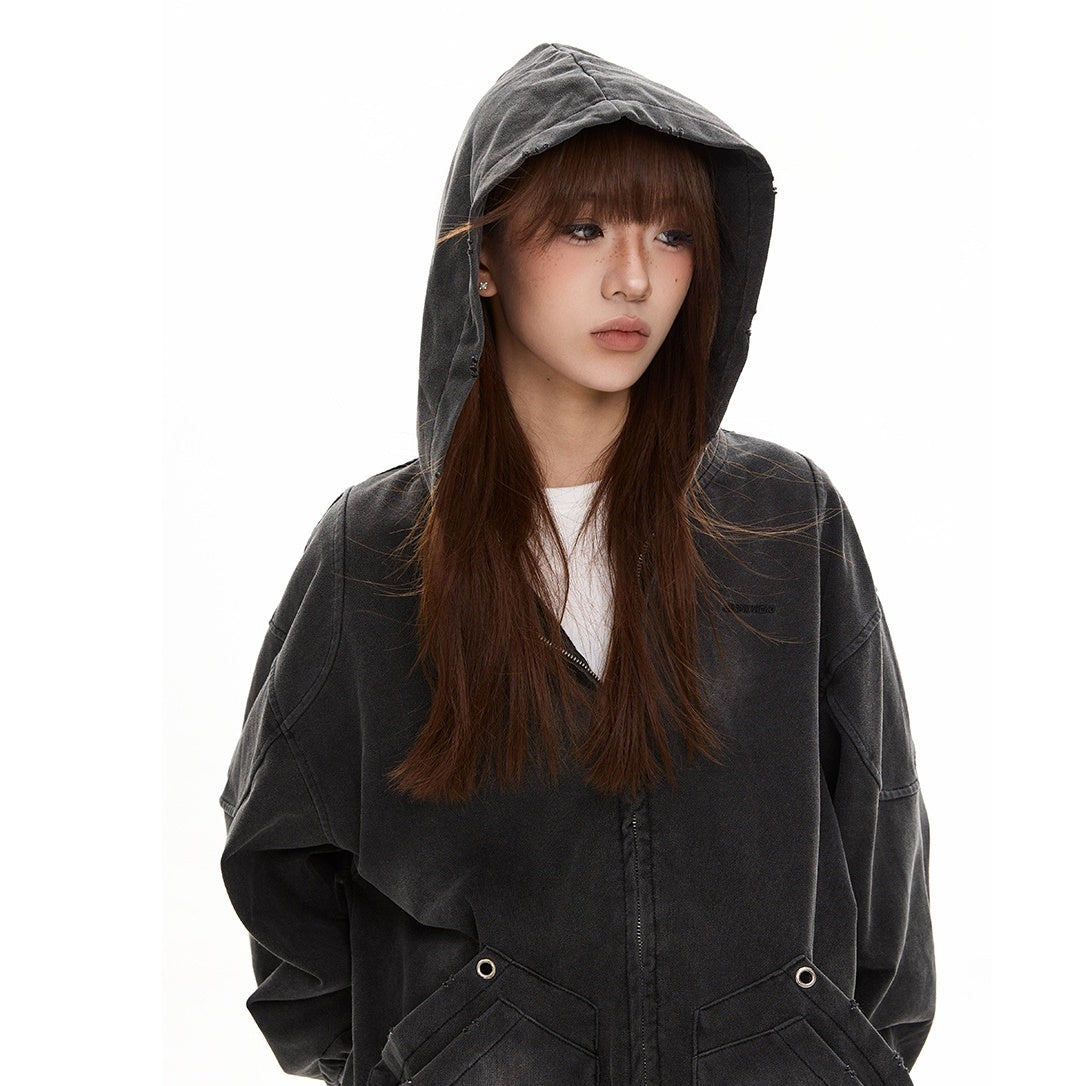 Wash Distressed Hooded Zip-Up Parka MW9493