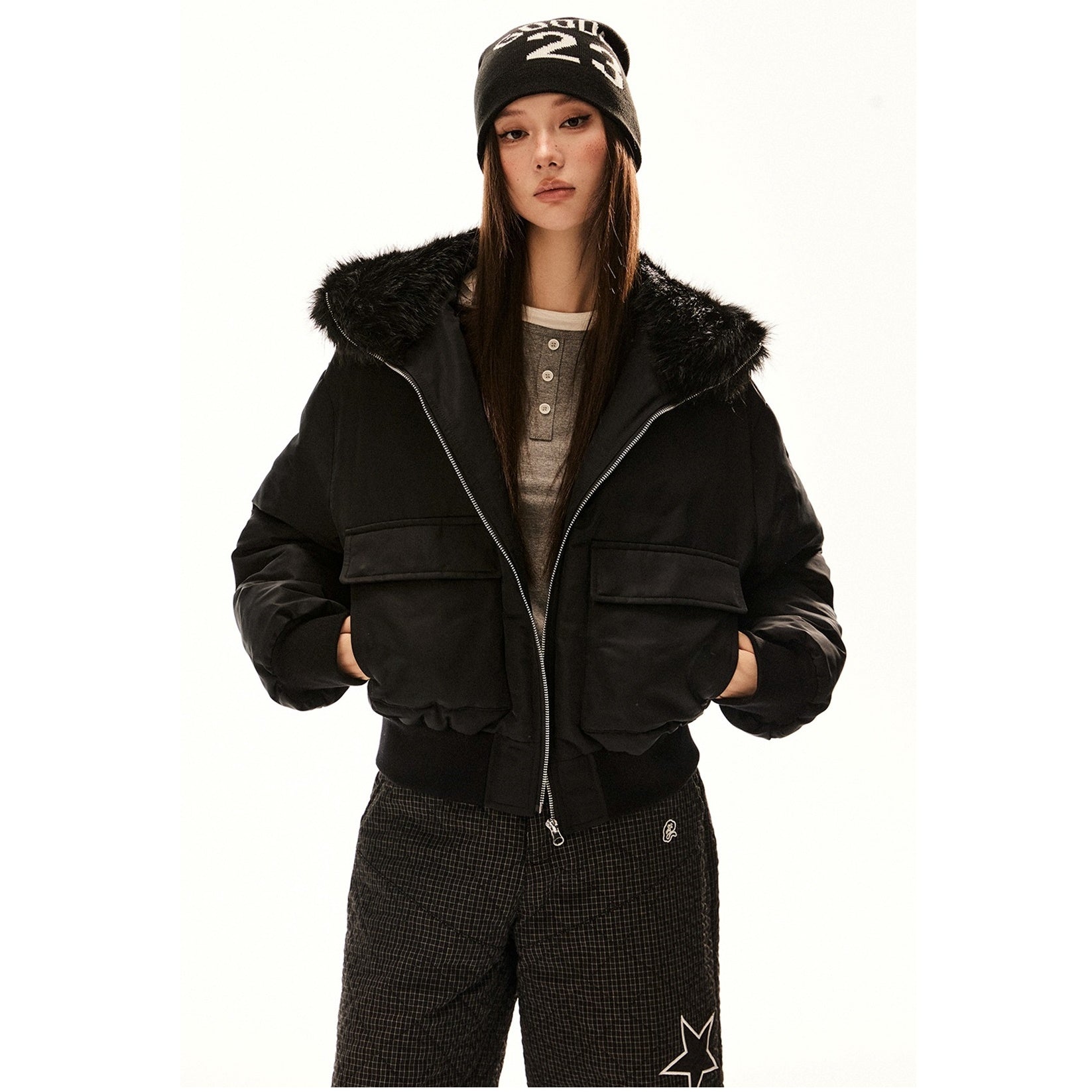 Fur Collar Hooded Cropped Down Jacket EZ206