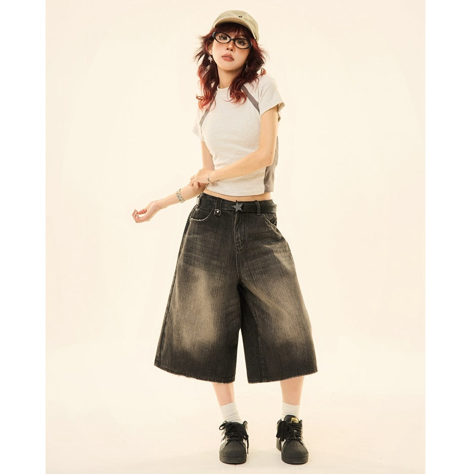 Vintage Wash Distressed Denim Wide-leg Cropped Pants MW9267