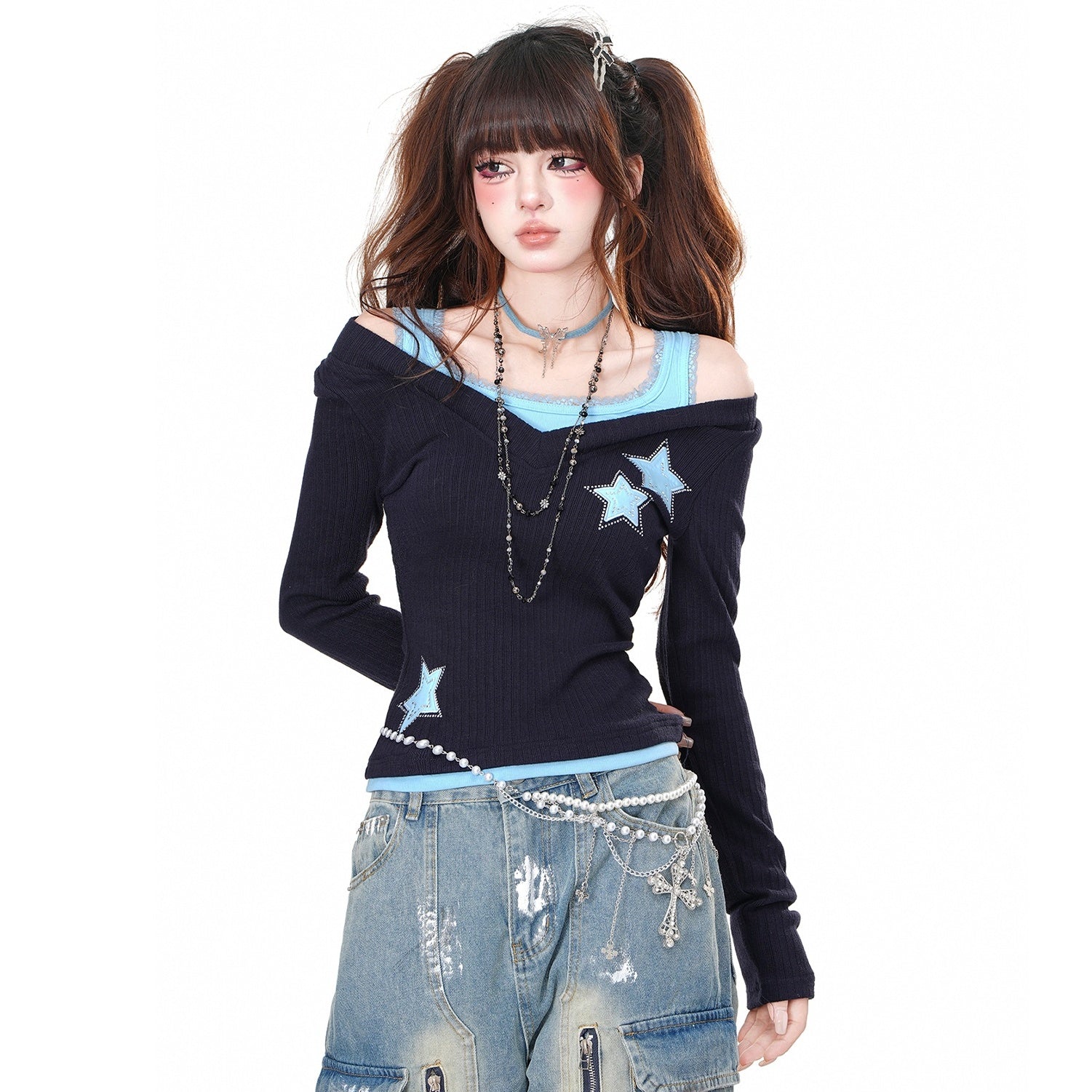 Fake Two Knitted Off-shoulder Cutsew KK2051