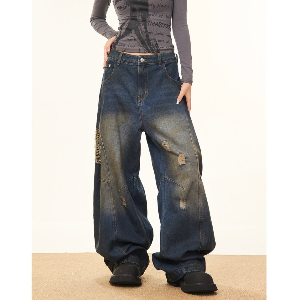 Retro Washed Ripped Stitch Design Wide-leg Jeans MW9207