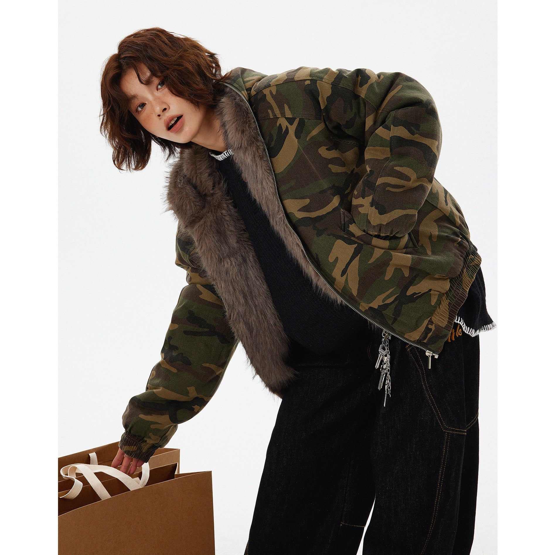 Fur Collar Camouflage Padded Hooded Jacket MW9720