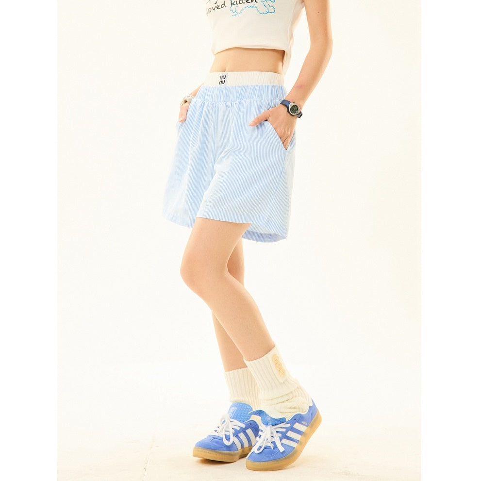 Double Waist Striped Wide-legged Long ＆ Short Pants MW9269