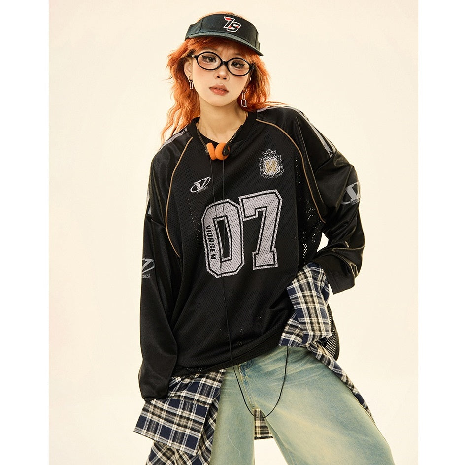 Letter Print Mesh Switching Long Sleeve T-shirt MW9345