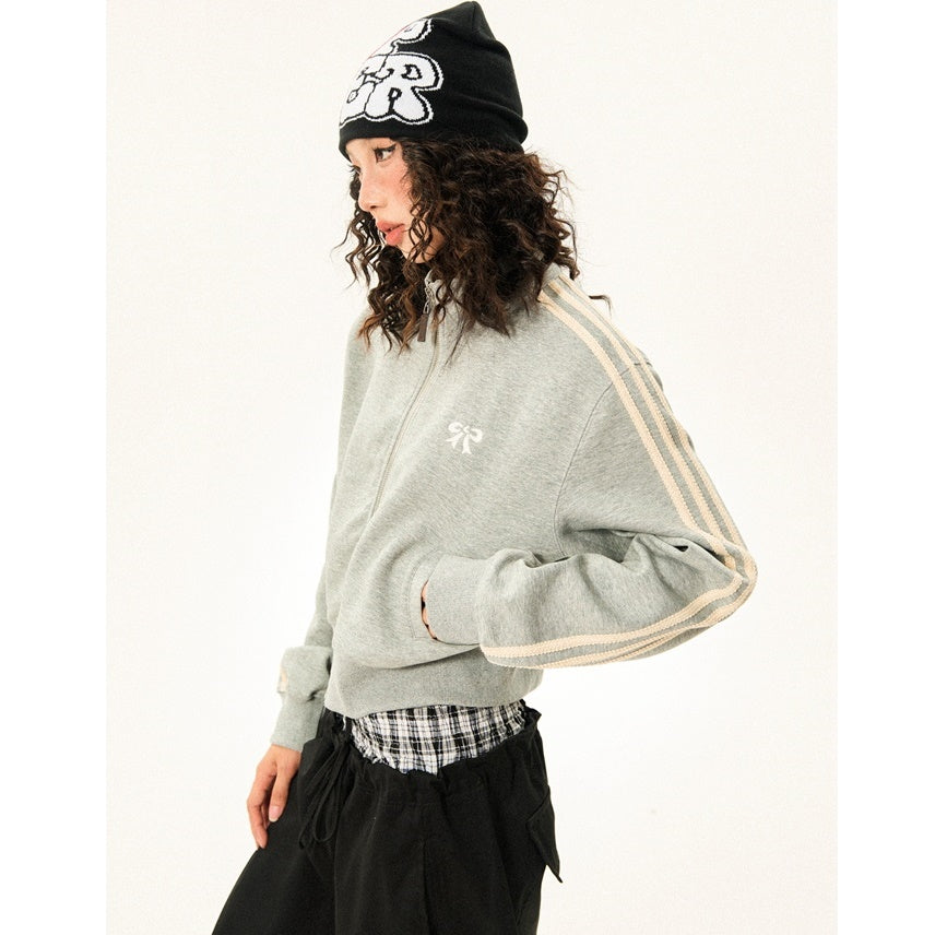 Retro College Bow Embroidery Cropped Track Jacket MW9430