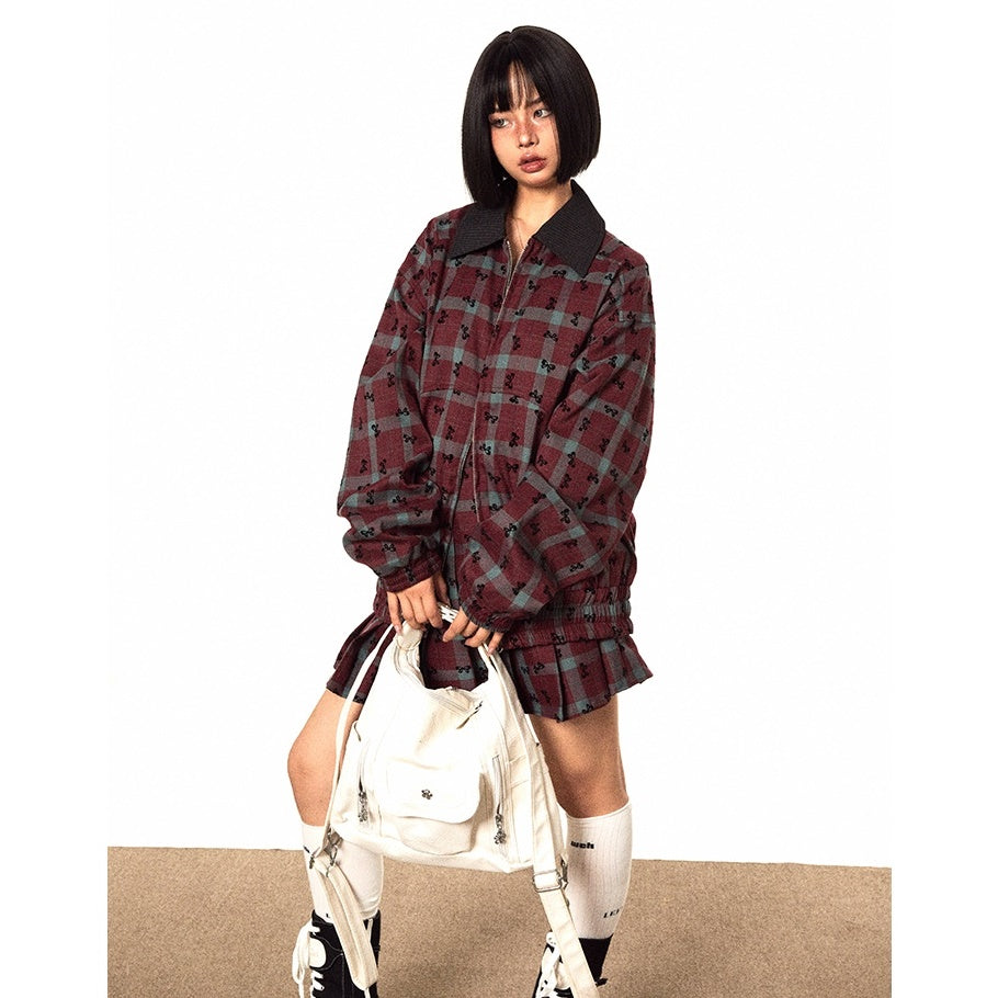 【上下別売り】Bow Print Contrast Plaid Jacket & Pleated Short Skirt Set-up MW9494