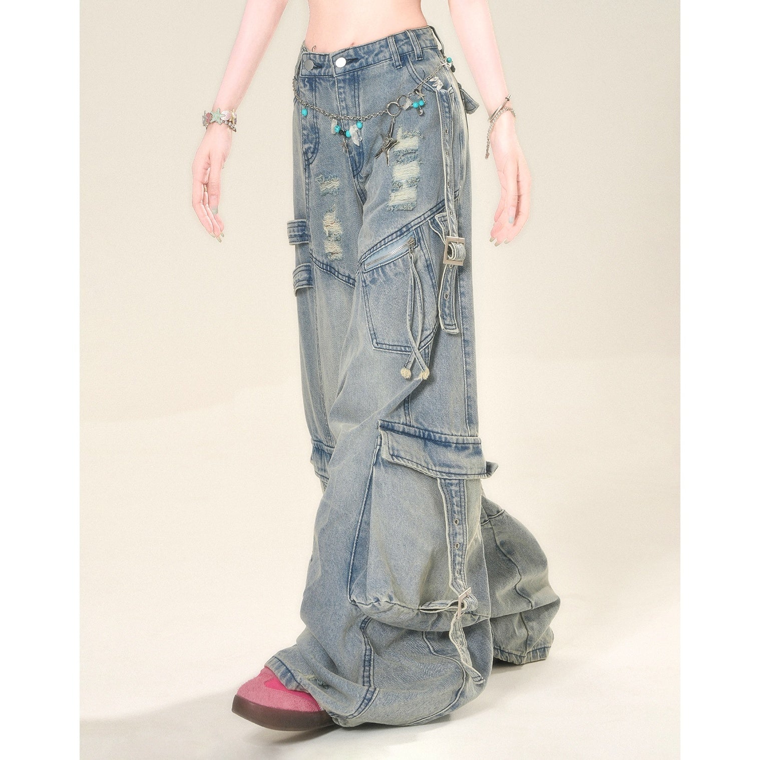 Ripped Wide Buggy Cargo Jeans KK2056