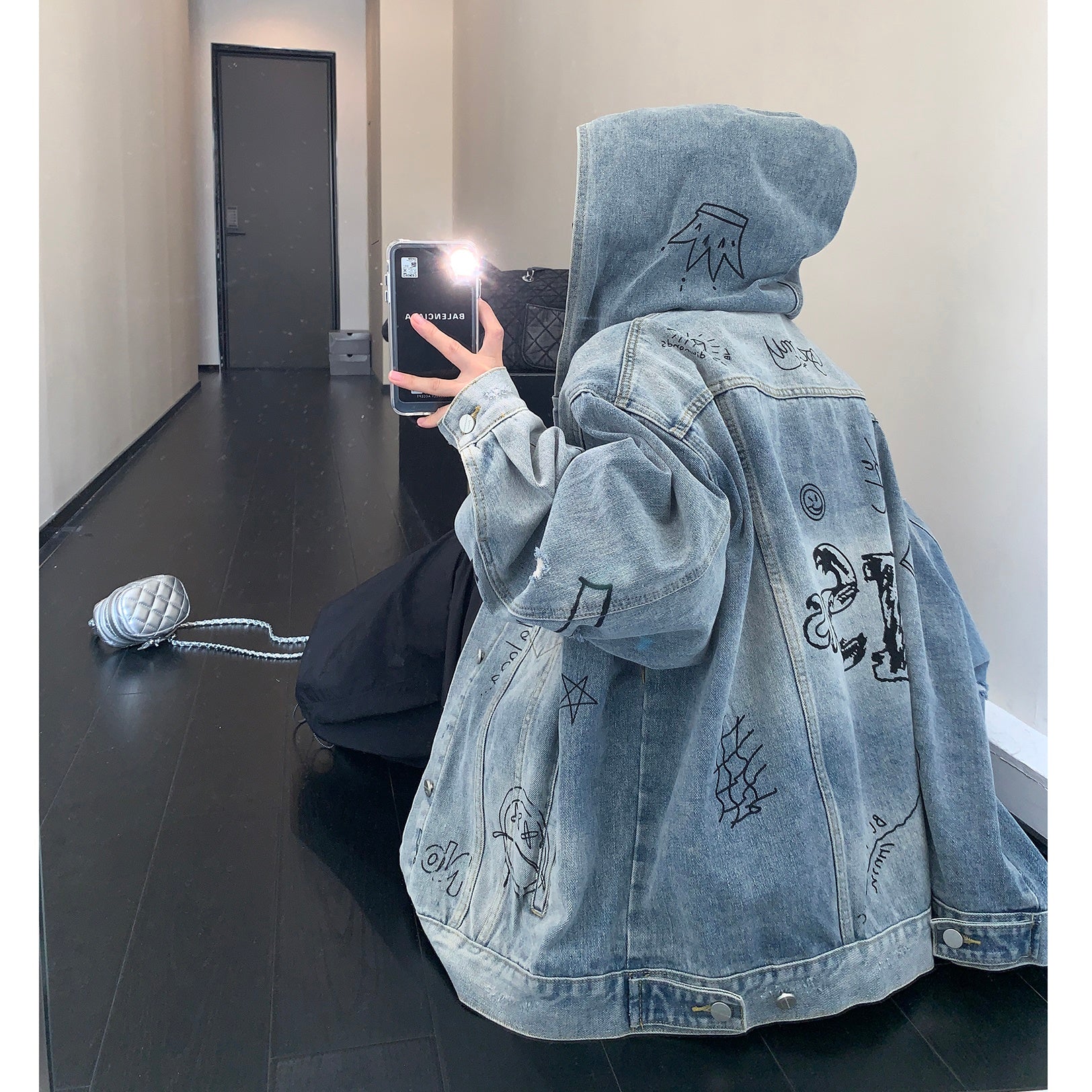 Distressed Graffiti Hooded Denim Jacket MW9502