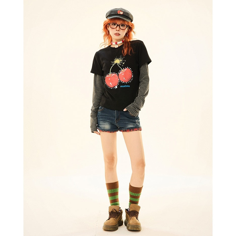 Cherry Print Fake Layered Long Sleeve T-Shirt MW9330