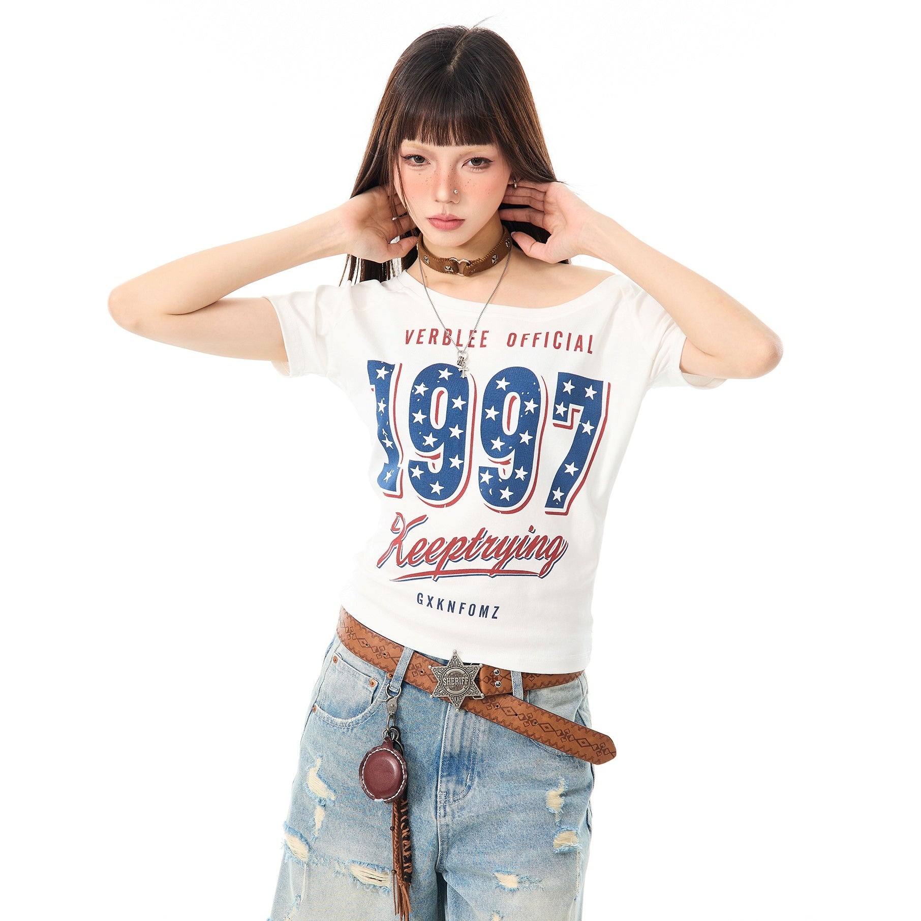 American Star Print Slanted Shoulder T-shirt MW10096