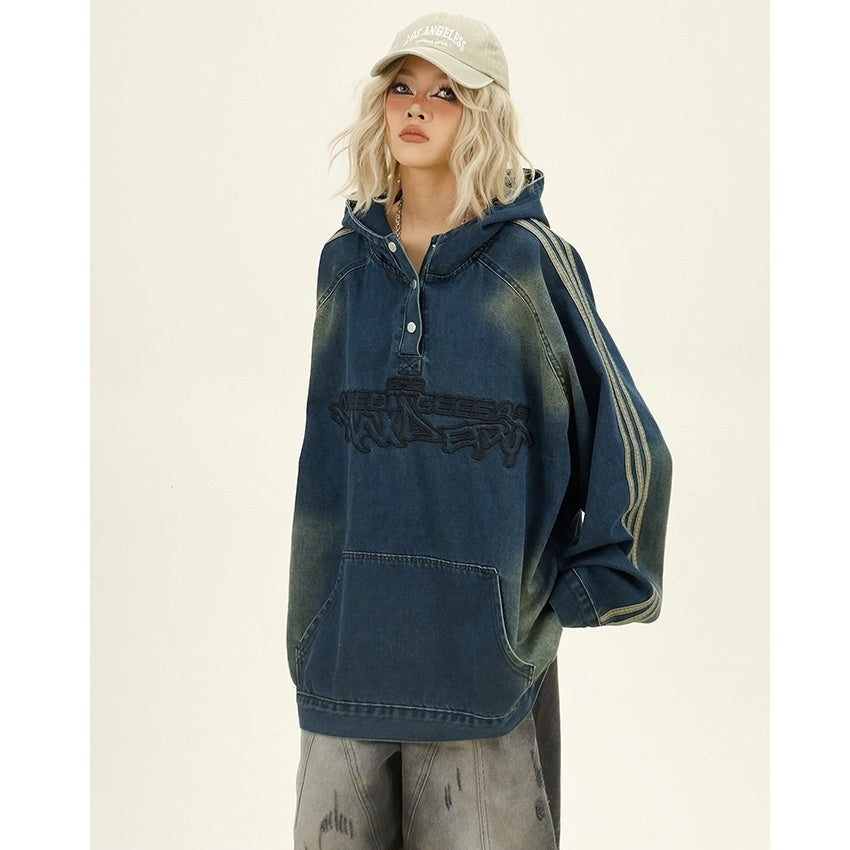 Letter Embroidery Denim Hooded Pullover MW9943