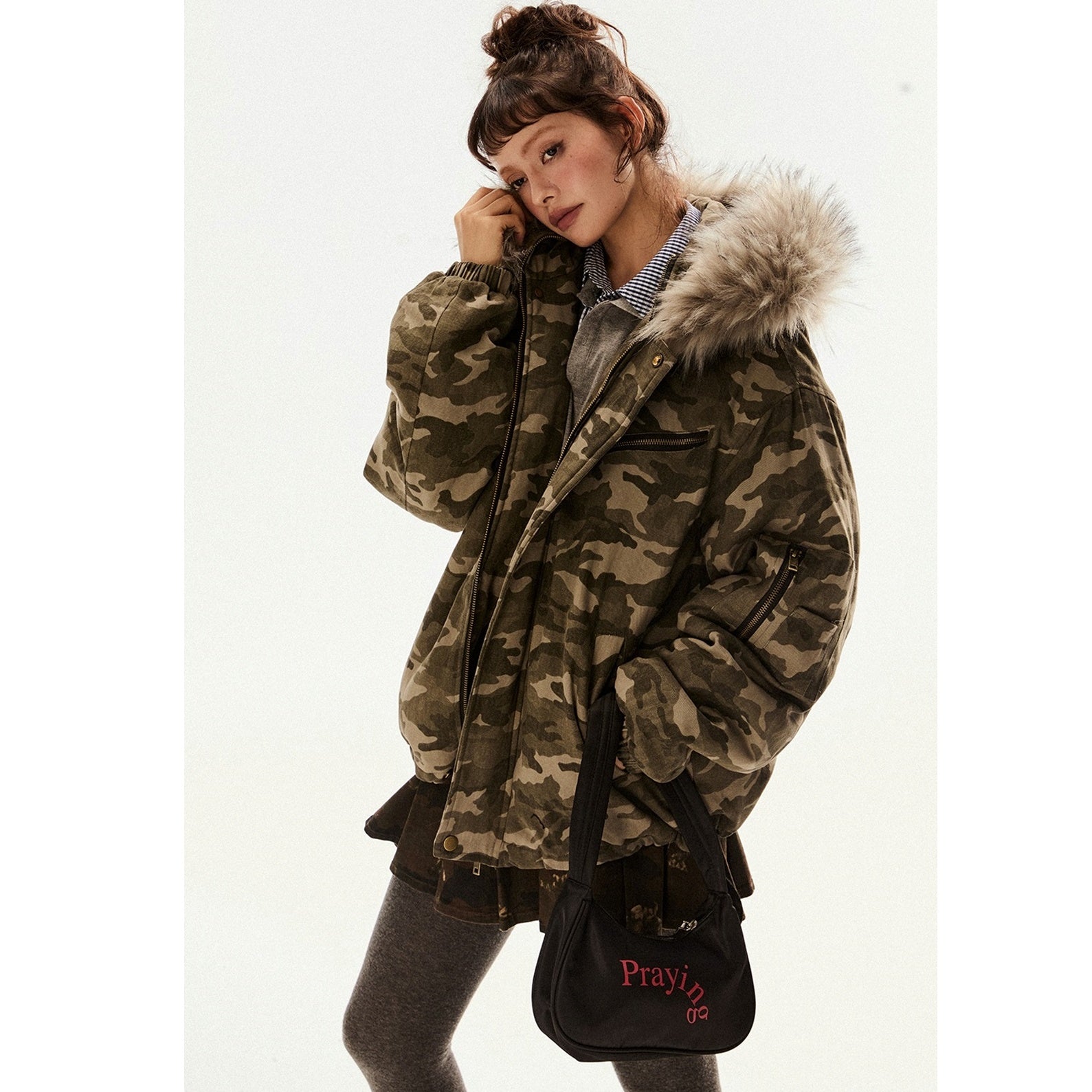 Military Style Camouflage Fur Collar Hooded Jacket EZ205