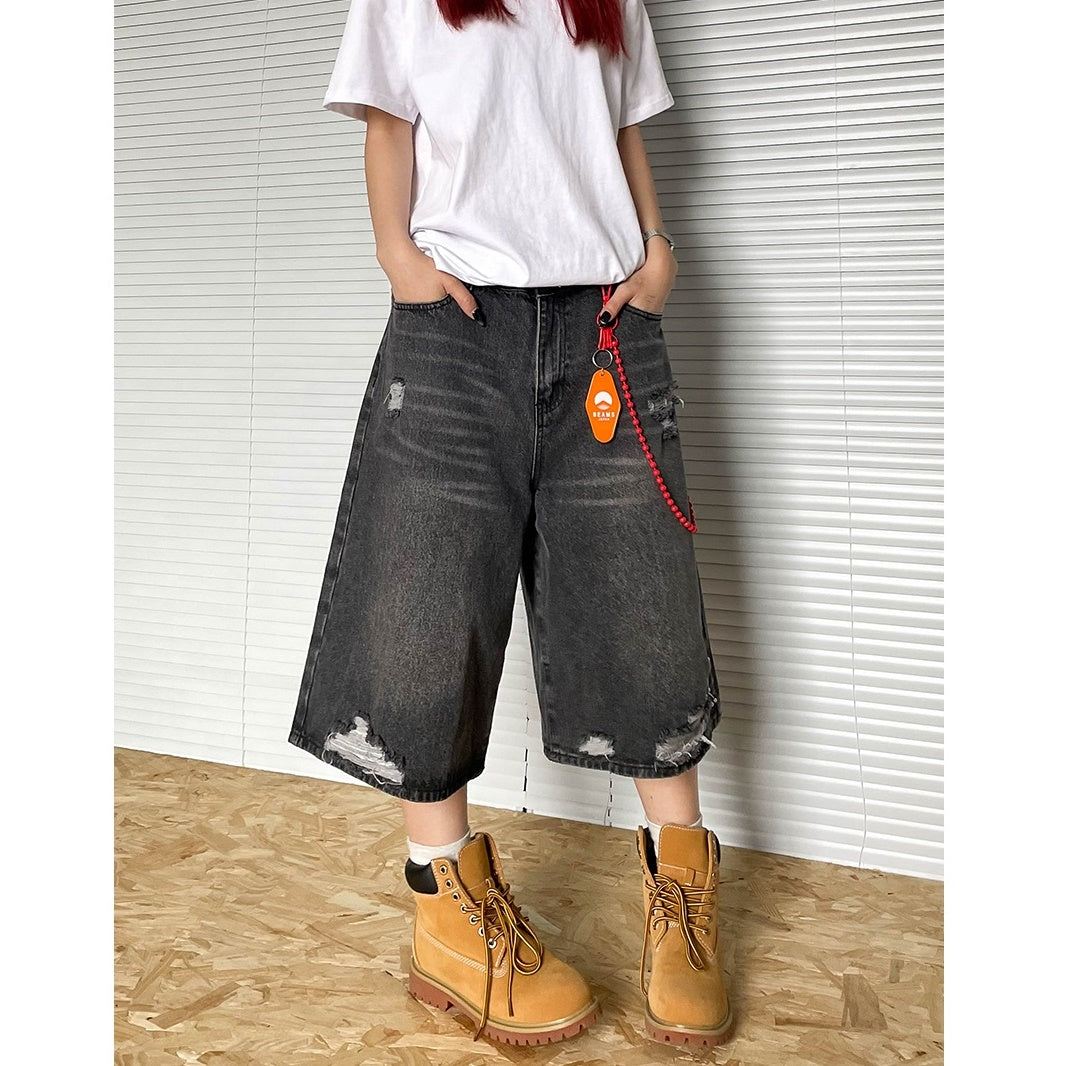 Frayed Design Denim Cropped Loose Short Pants