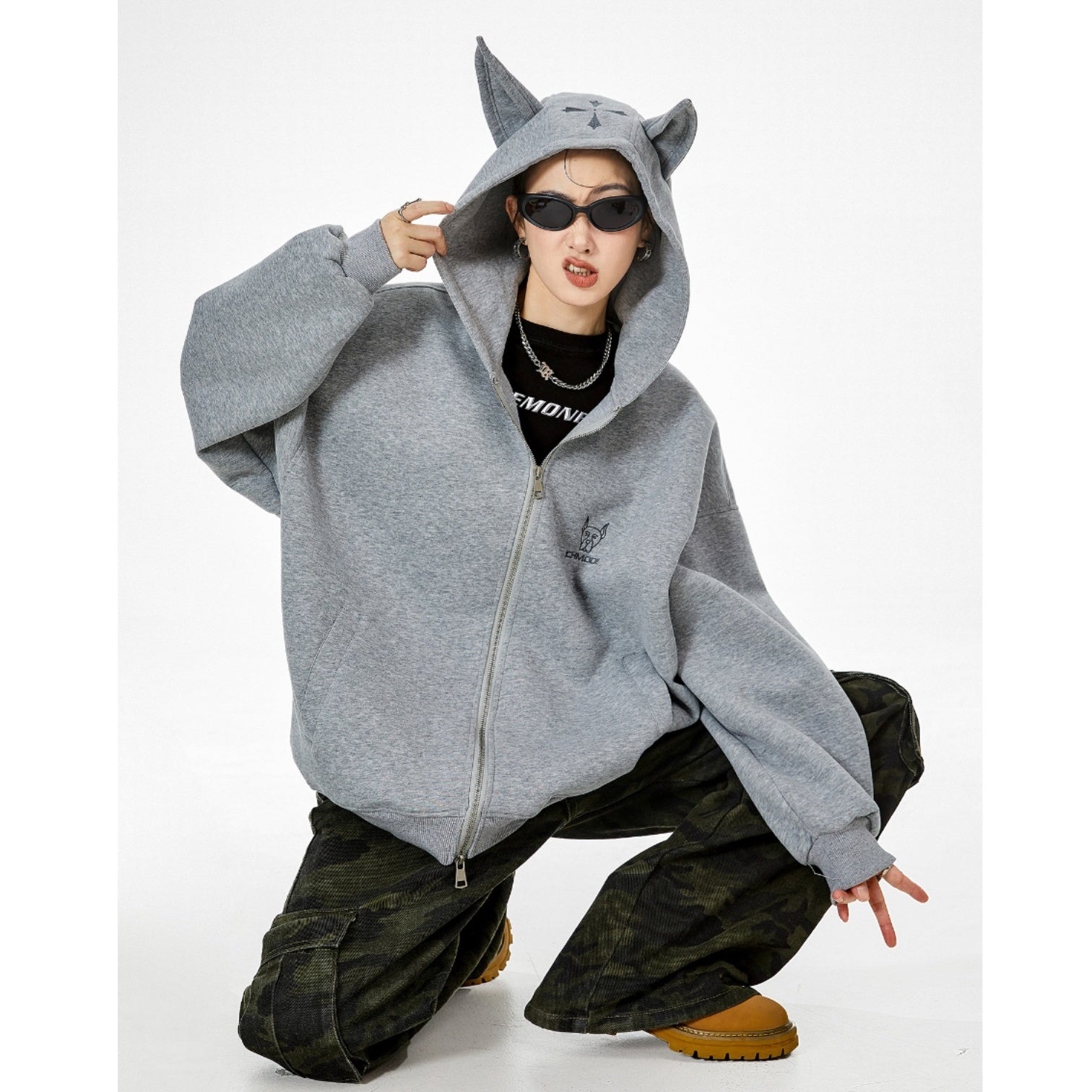 Doberman Ear Hooded ZIP-Up Sweat IC9004