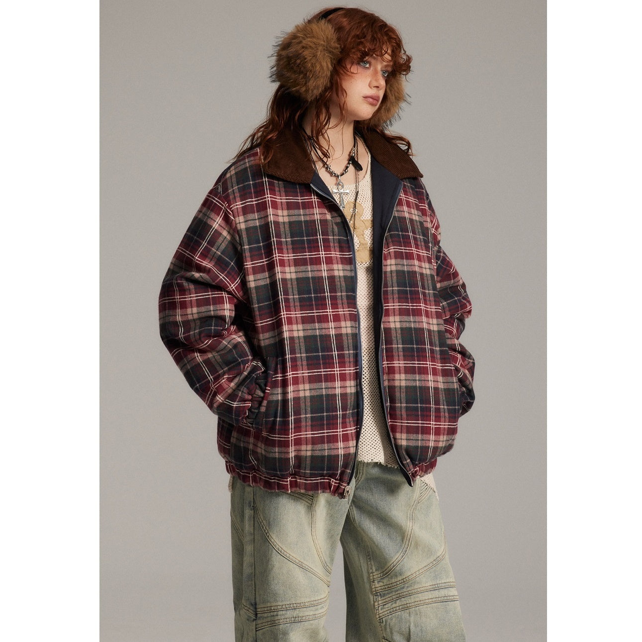 Reversible Plaid Loose Zipper Padded Jacket MY28