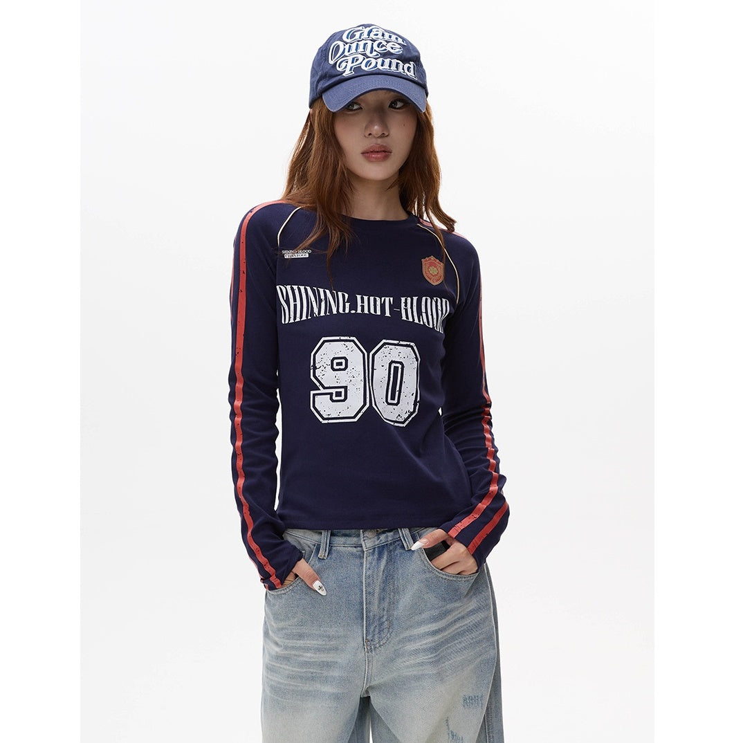 Letter Print Long Sleeve Line Slim T-shirt MW9279