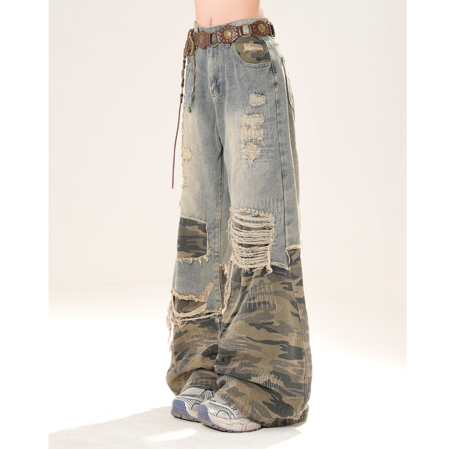 Ripped Camouflage Switching Wide-leg Jeans KK2045