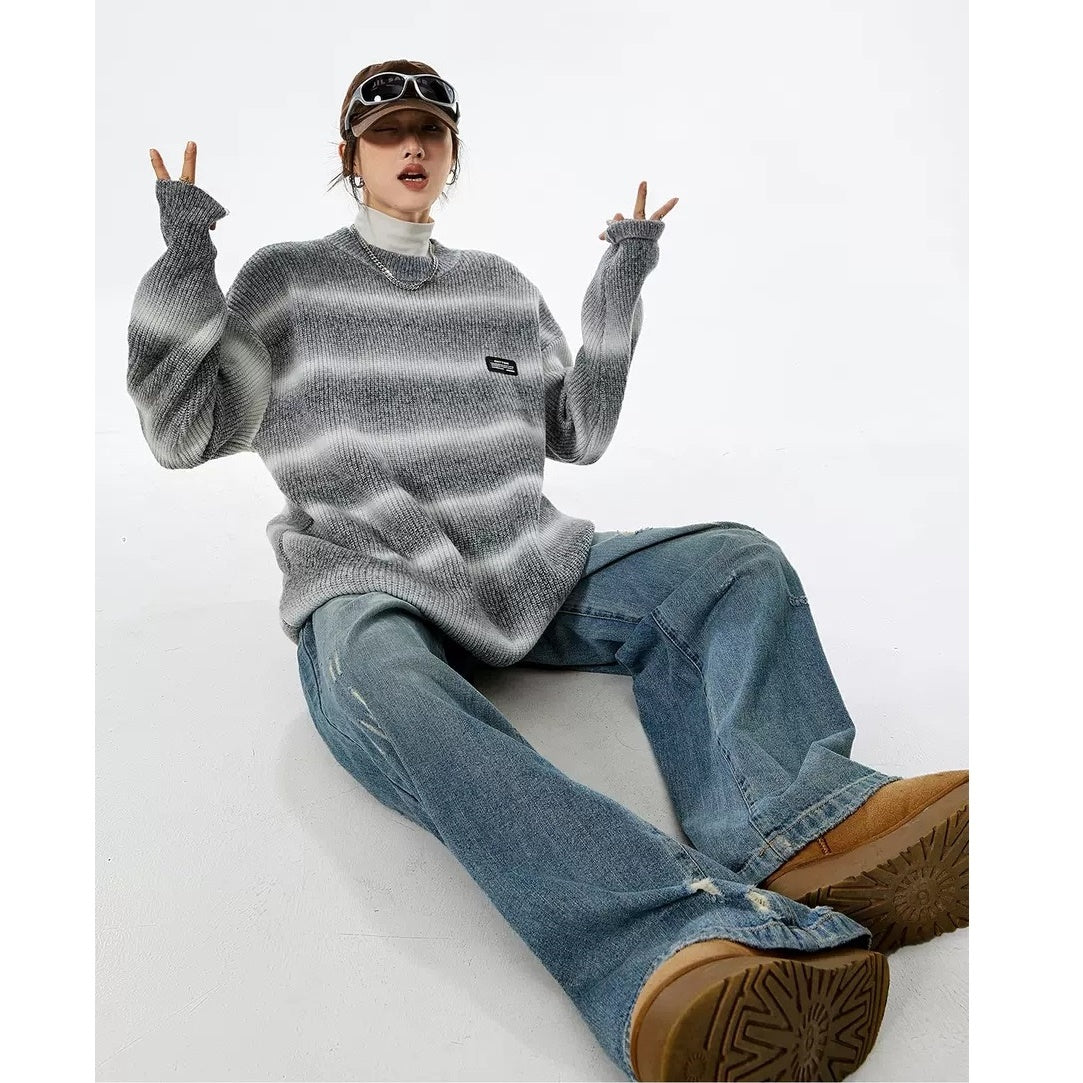 Gradation Border Crew Neck Loose Sweater MW9523