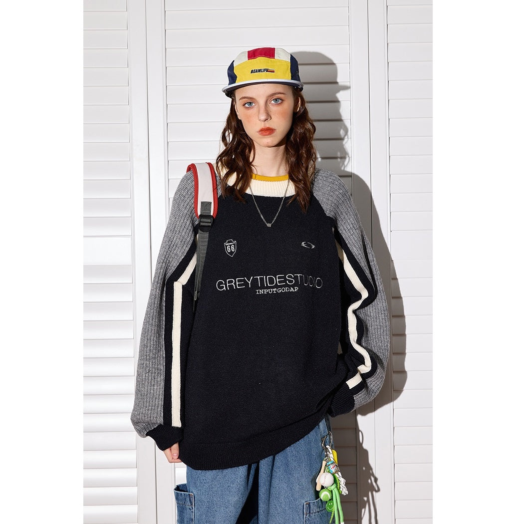 Color Stitching Crew Neck Retro Sweater MW9471