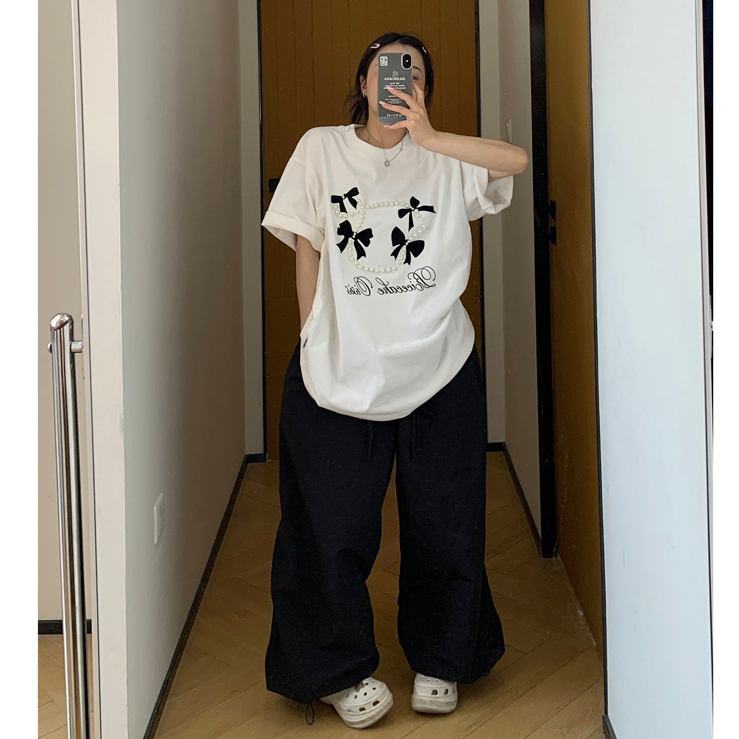 Flocking Bow Beads T-shirt MW10076