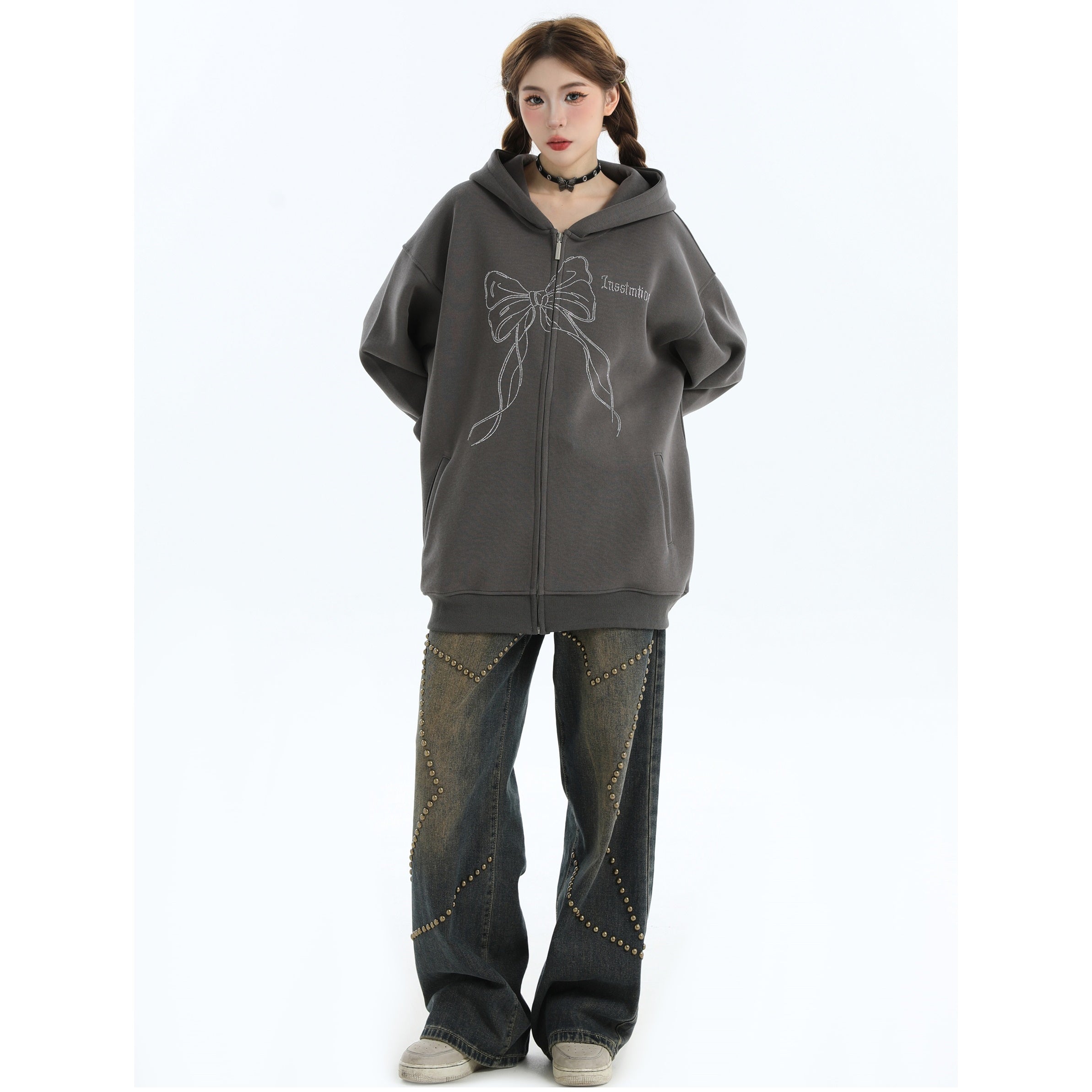 Rhinestone Bow Logo Loose Hooded Zip Parka IN7012