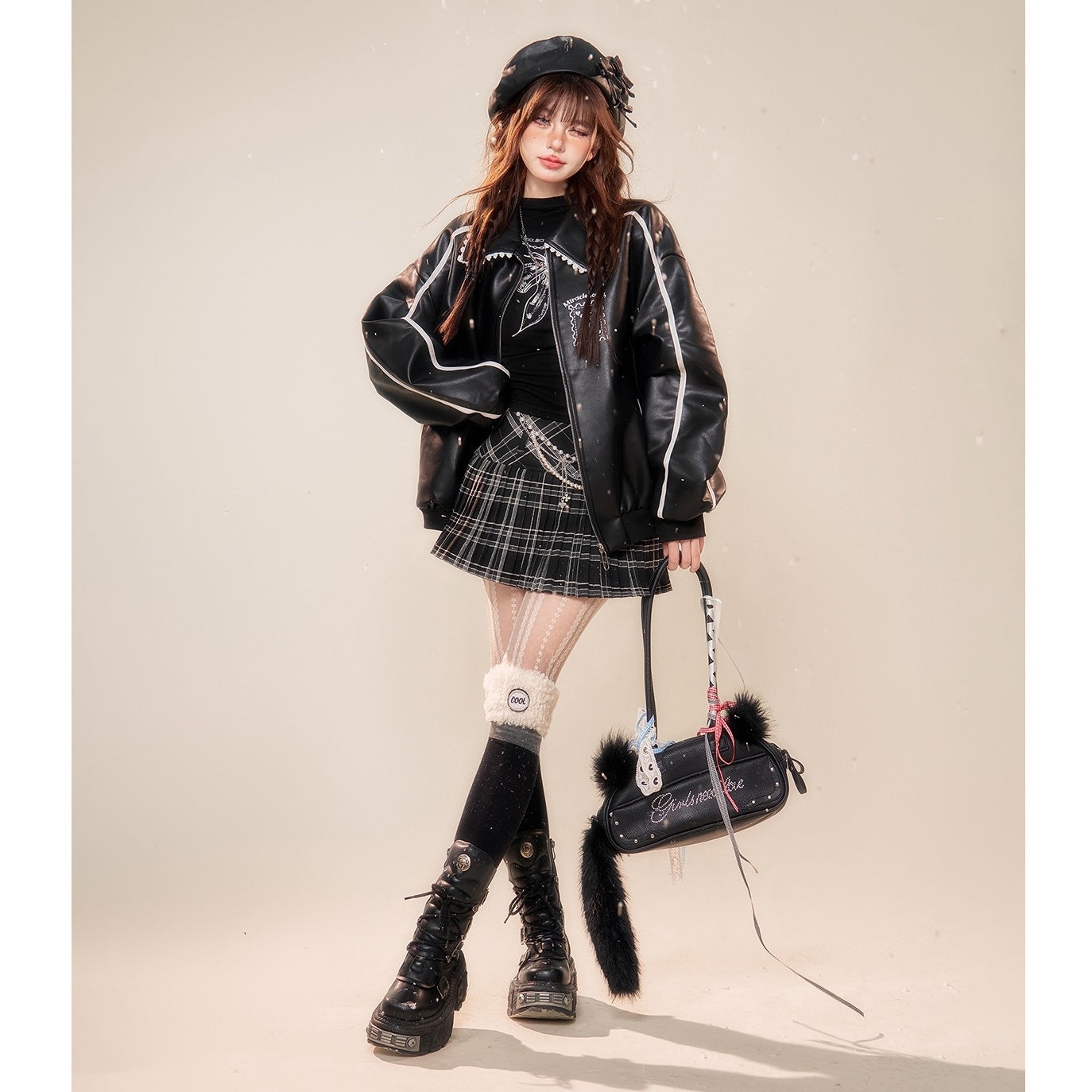 Lace Stitch Motorcycle PU Leather Jacket KK2008