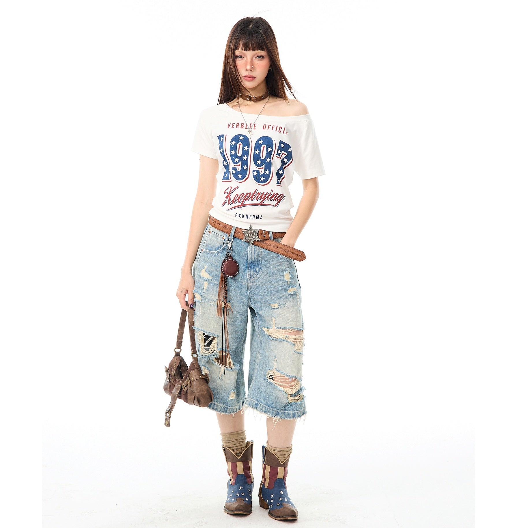 American Star Print Slanted Shoulder T-shirt MW10096