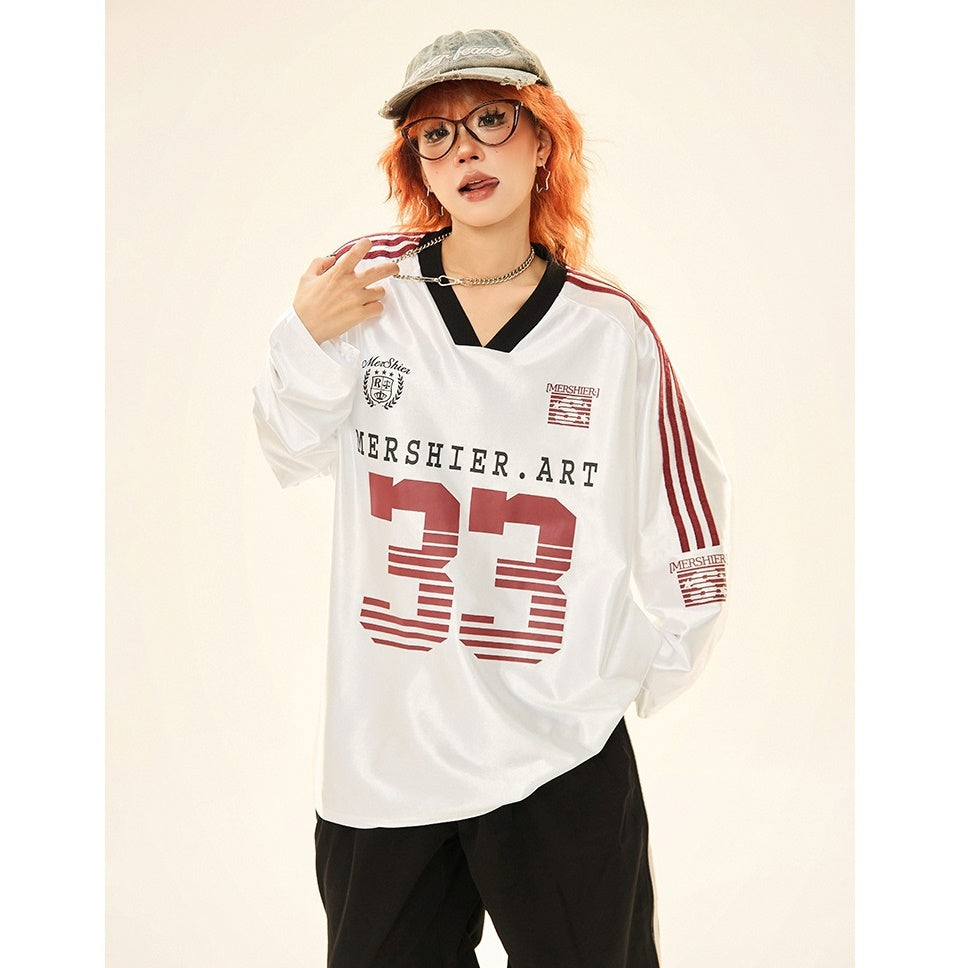 V-neck Sports Style Jersey Long-sleeved T-shirt MW9285