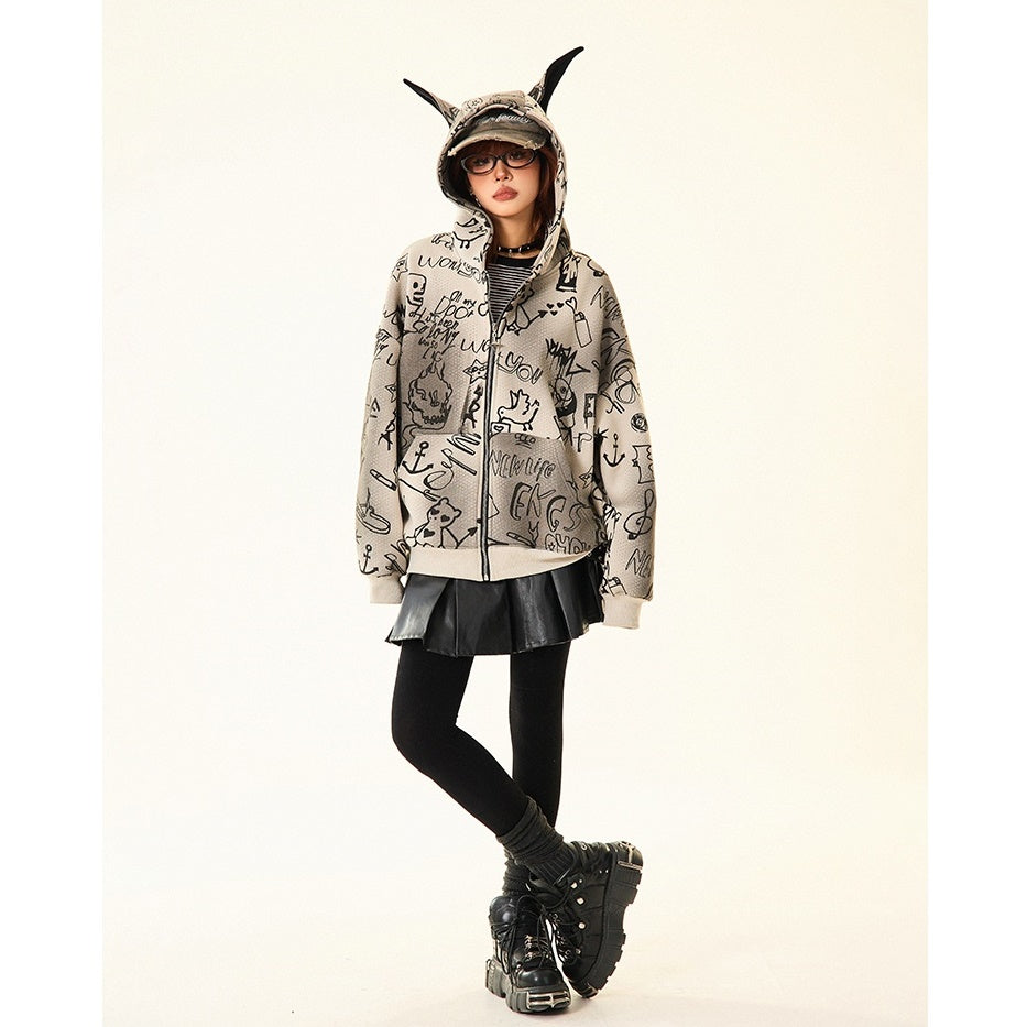 Doberman Ear Hooded Graphic Print Zip-Up Parka MW9701