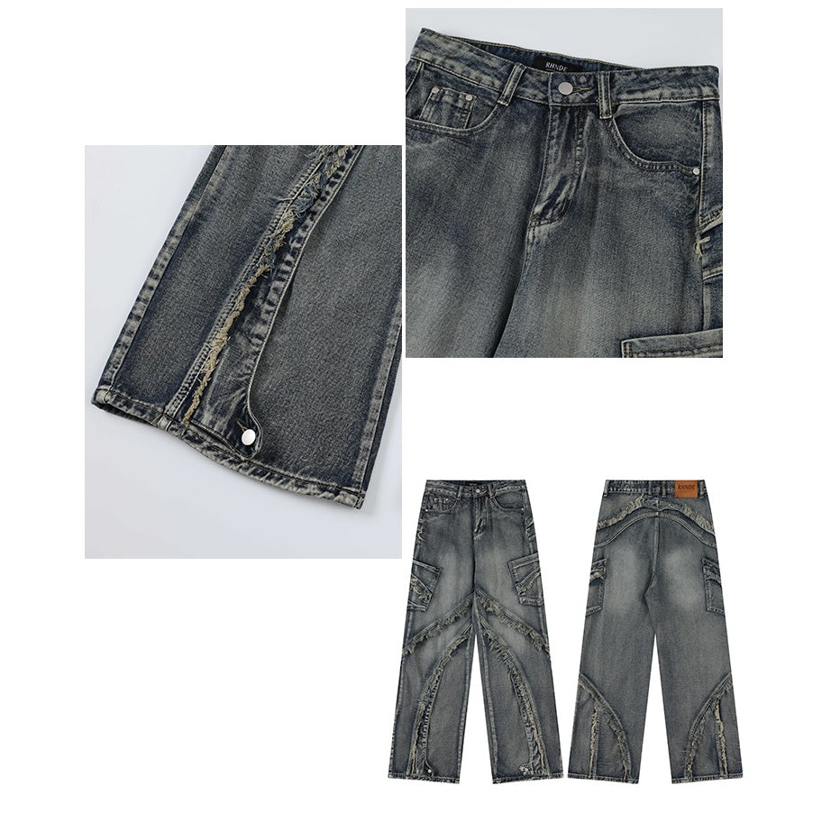 Raw Edge Stitch Wide Straight Jeans RH024