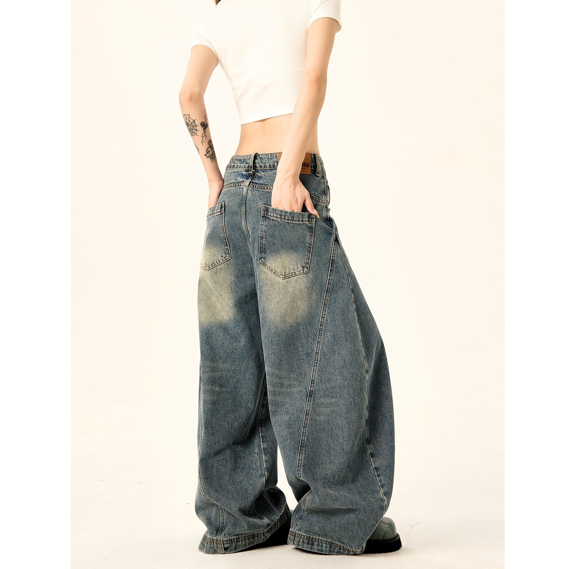 Balloon Wide-leg Switching Wash Jeans HG7125