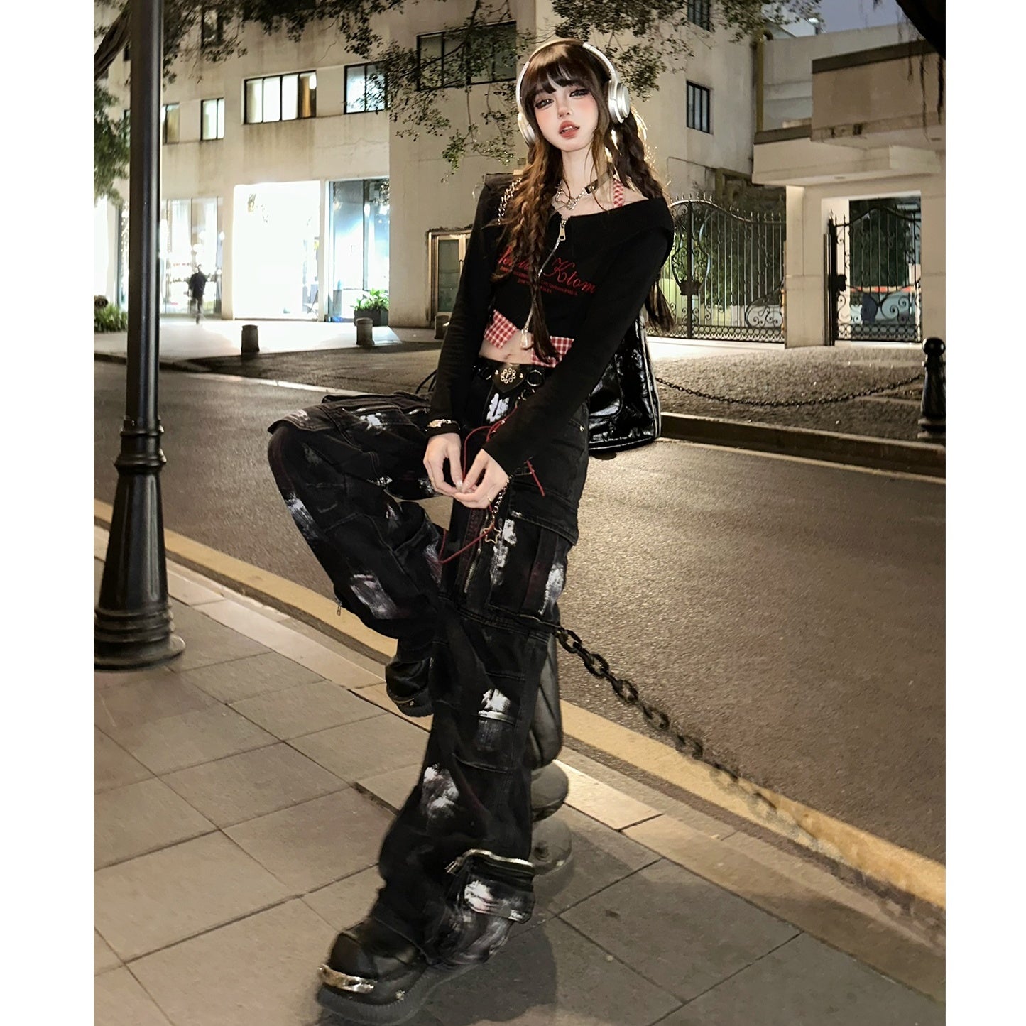 Paint Wide-Leg Zipper Cargo Jeans KK2055